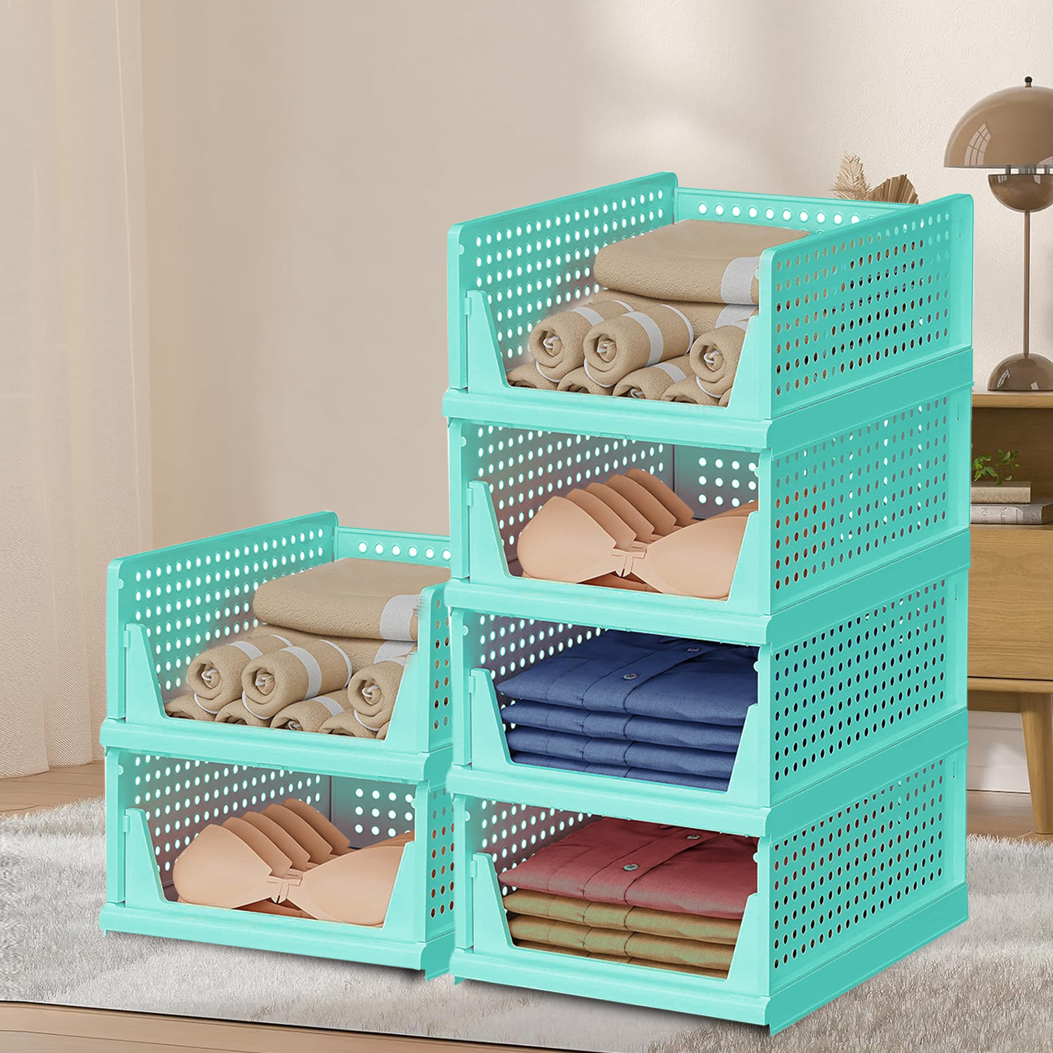 Kuber Industries Storage Organizer | Wardrobe Organizer For Clothes | Cloth Organizer | Foldable Shirt Stacker Box | Cloth Box for Almirah | Closet Storage Basket | Large | Pista Green