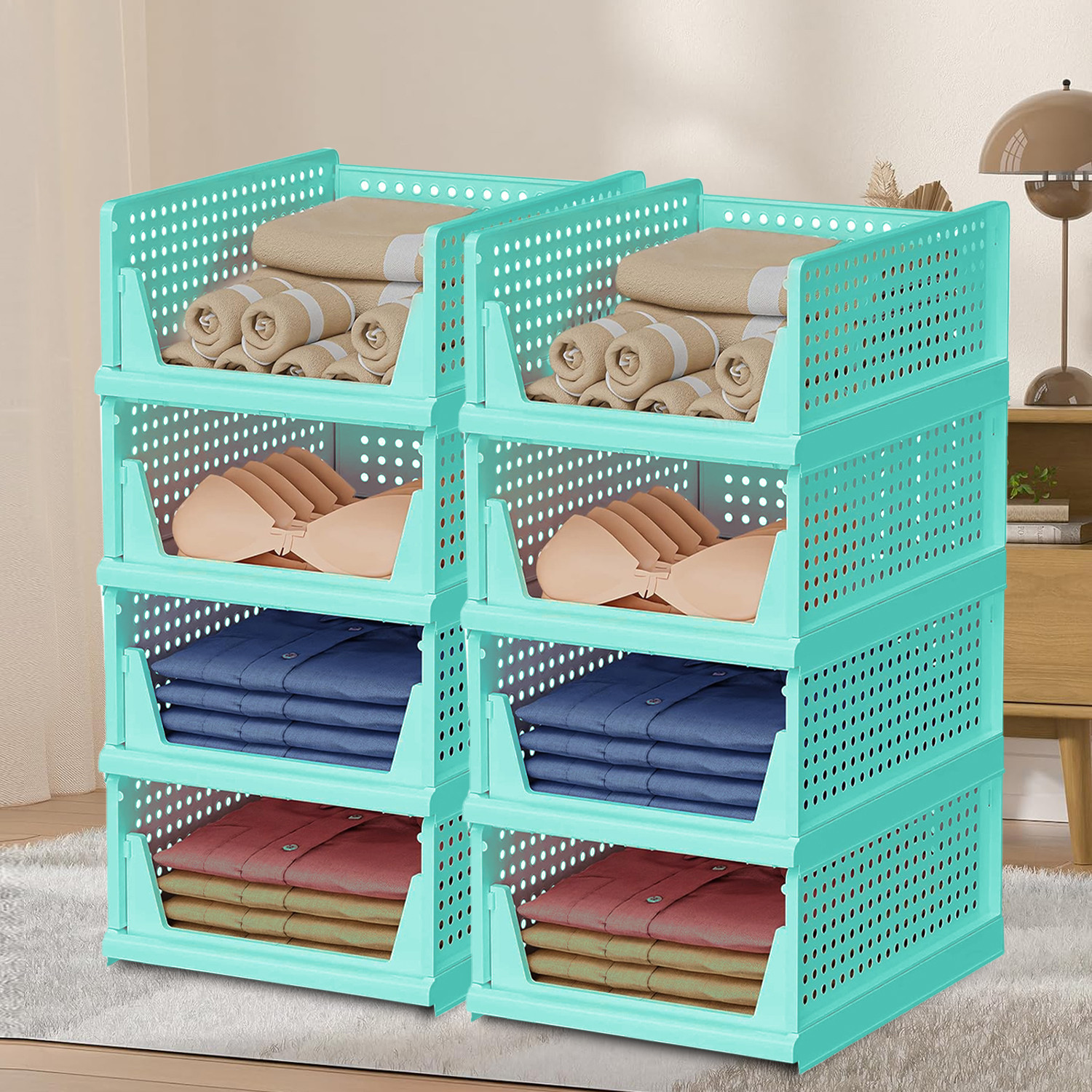 Kuber Industries Storage Organizer | Wardrobe Organizer For Clothes | Cloth Organizer | Foldable Shirt Stacker Box | Cloth Box for Almirah | Closet Storage Basket | Large | Pista Green