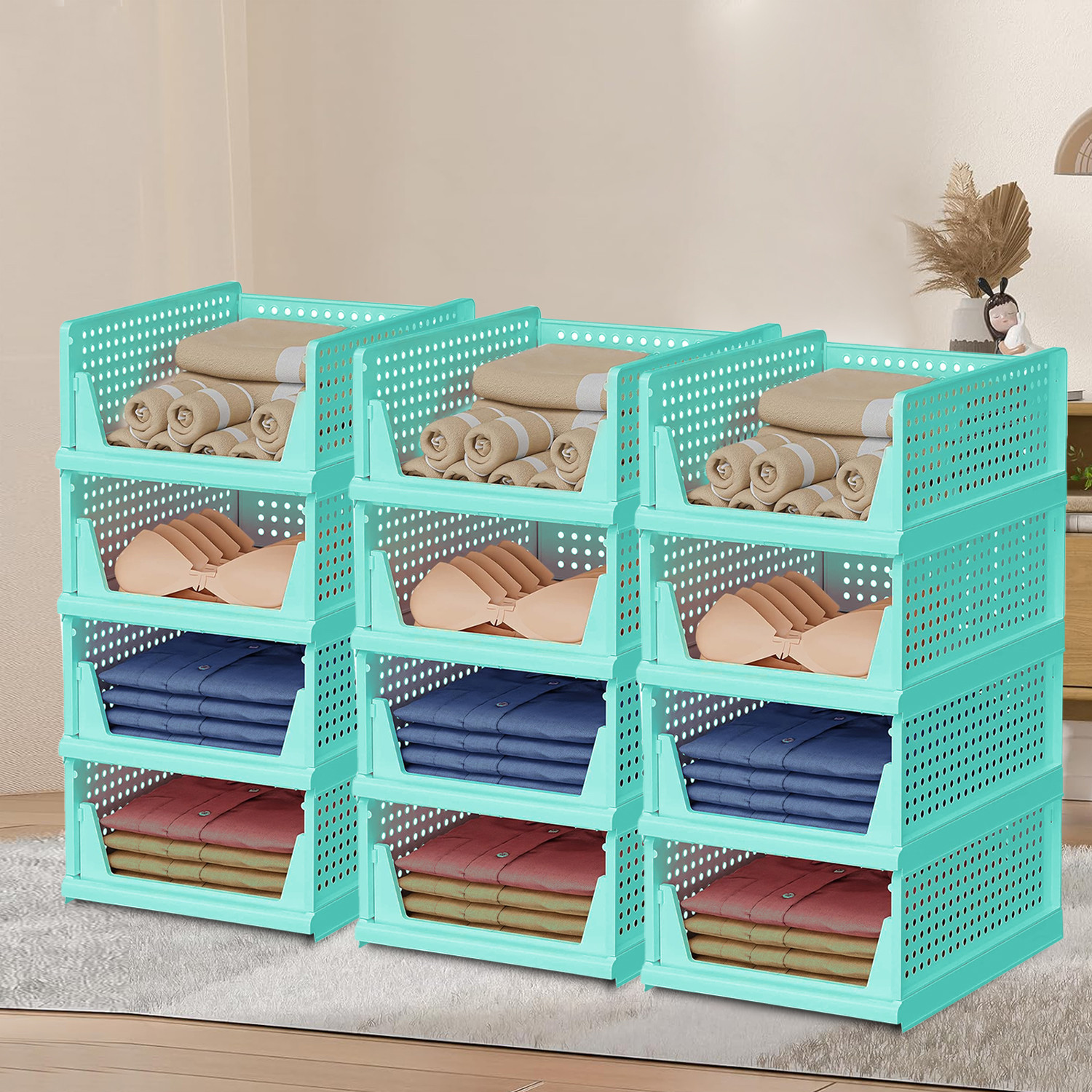 Kuber Industries Storage Organizer | Wardrobe Organizer For Clothes | Cloth Organizer | Foldable Shirt Stacker Box | Cloth Box for Almirah | Closet Storage Basket | Large | Pista Green