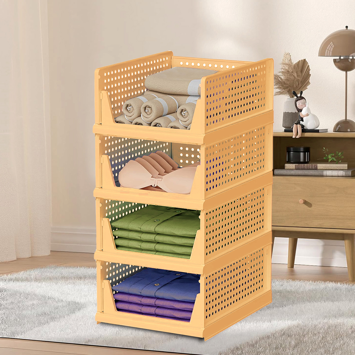 Kuber Industries Storage Organizer | Wardrobe Organizer For Clothes | Cloth Organizer | Foldable Shirt Stacker Box | Cloth Box for Almirah | Closet Storage Basket | Large | Ivory