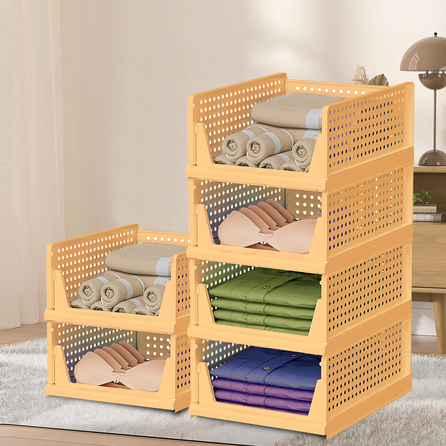 Kuber Industries Storage Organizer | Wardrobe Organizer For Clothes | Cloth Organizer | Foldable Shirt Stacker Box | Cloth Box for Almirah | Closet Storage Basket | Large | Ivory