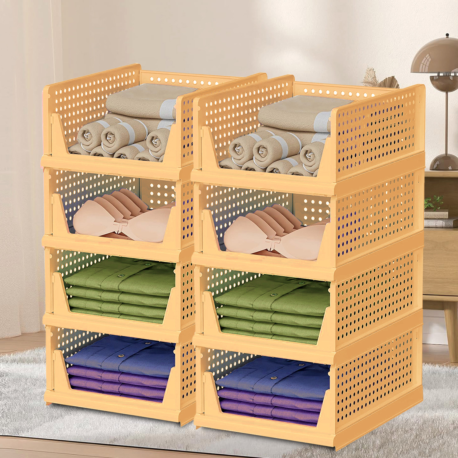 Kuber Industries Storage Organizer | Wardrobe Organizer For Clothes | Cloth Organizer | Foldable Shirt Stacker Box | Cloth Box for Almirah | Closet Storage Basket | Large | Ivory