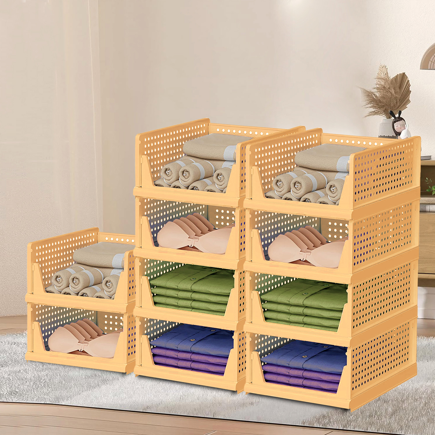 Kuber Industries Storage Organizer | Wardrobe Organizer For Clothes | Cloth Organizer | Foldable Shirt Stacker Box | Cloth Box for Almirah | Closet Storage Basket | Large | Ivory