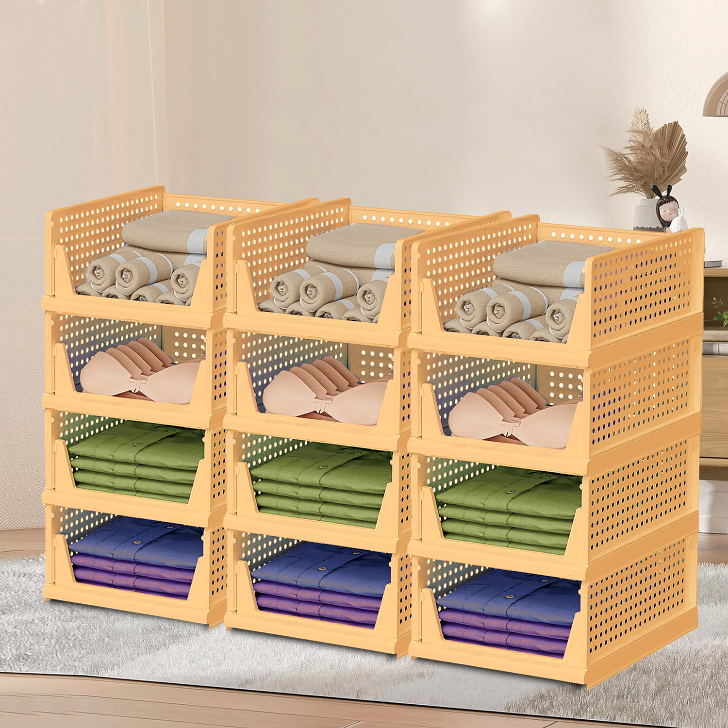 Kuber Industries Storage Organizer | Wardrobe Organizer For Clothes | Cloth Organizer | Foldable Shirt Stacker Box | Cloth Box for Almirah | Closet Storage Basket | Large | Ivory