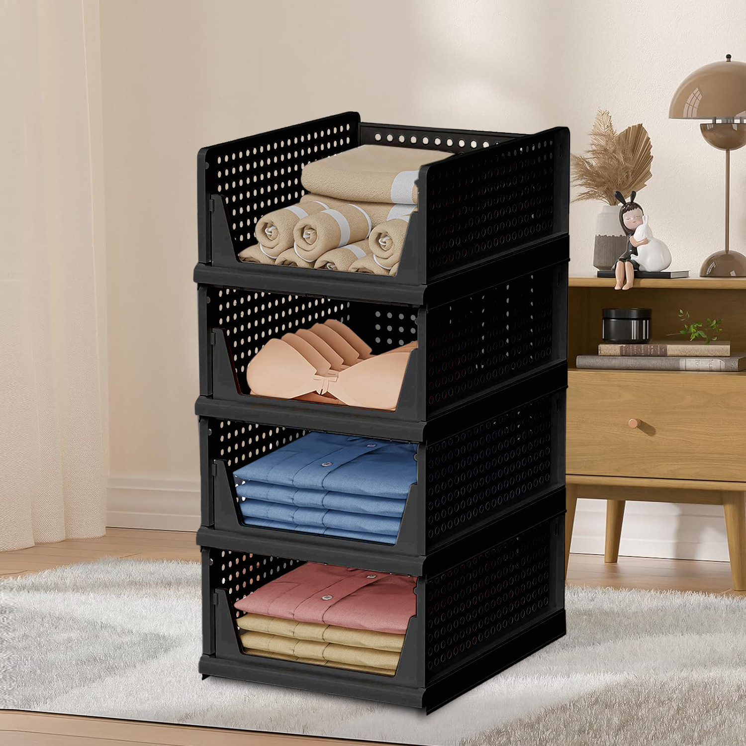 Kuber Industries Storage Organizer | Wardrobe Organizer For Clothes | Cloth Organizer | Foldable Shirt Stacker Box | Cloth Box for Almirah | Closet Storage Basket | Large | Black