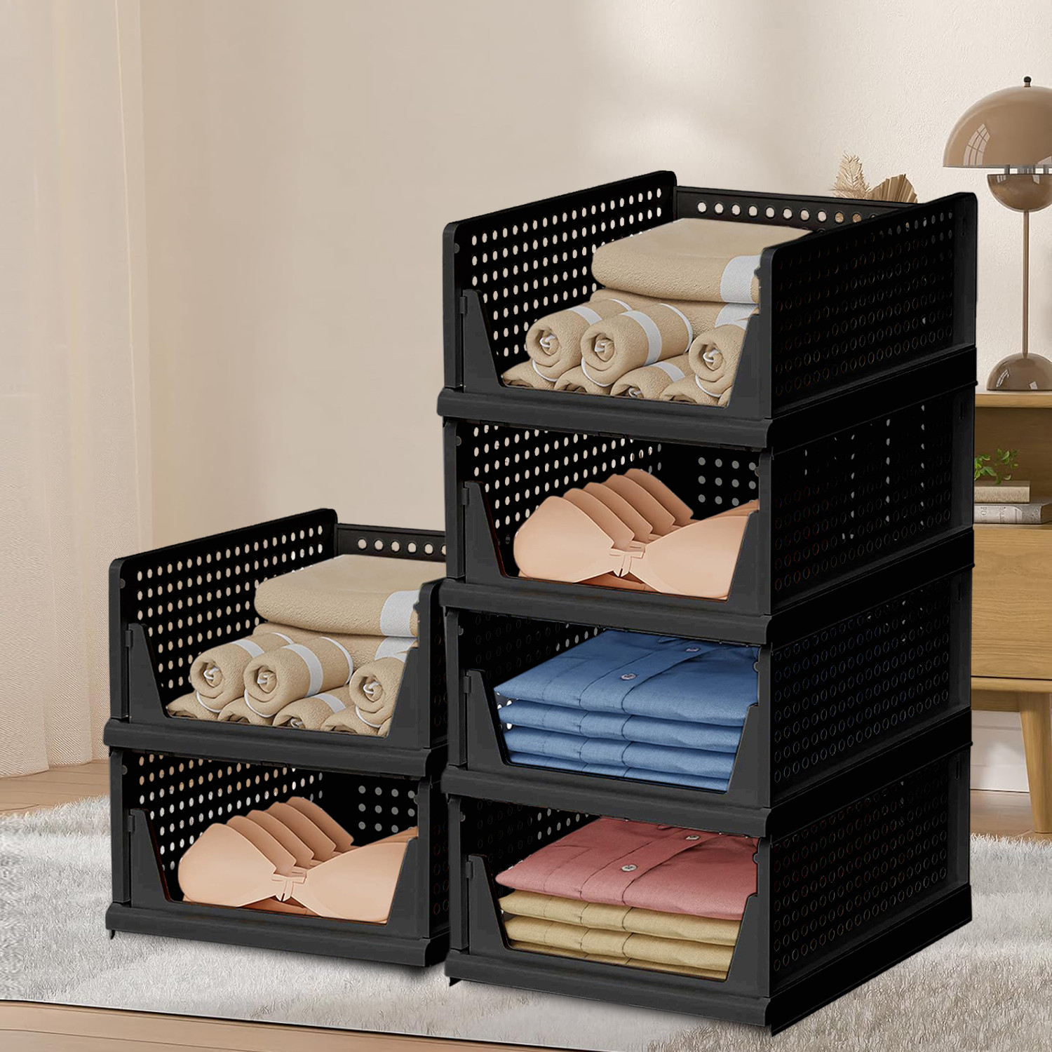 Kuber Industries Storage Organizer | Wardrobe Organizer For Clothes | Cloth Organizer | Foldable Shirt Stacker Box | Cloth Box for Almirah | Closet Storage Basket | Large | Black