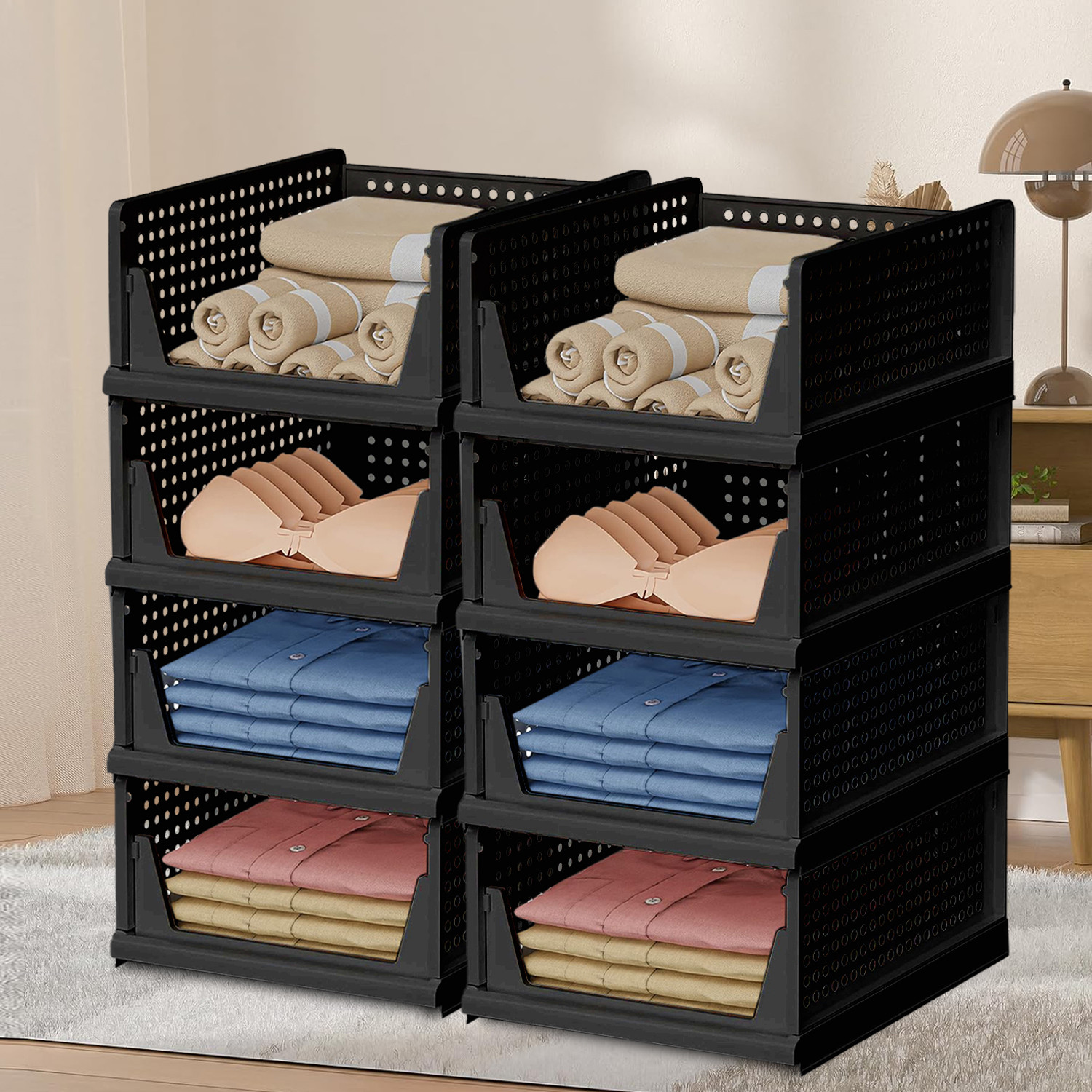 Kuber Industries Storage Organizer | Wardrobe Organizer For Clothes | Cloth Organizer | Foldable Shirt Stacker Box | Cloth Box for Almirah | Closet Storage Basket | Large | Black