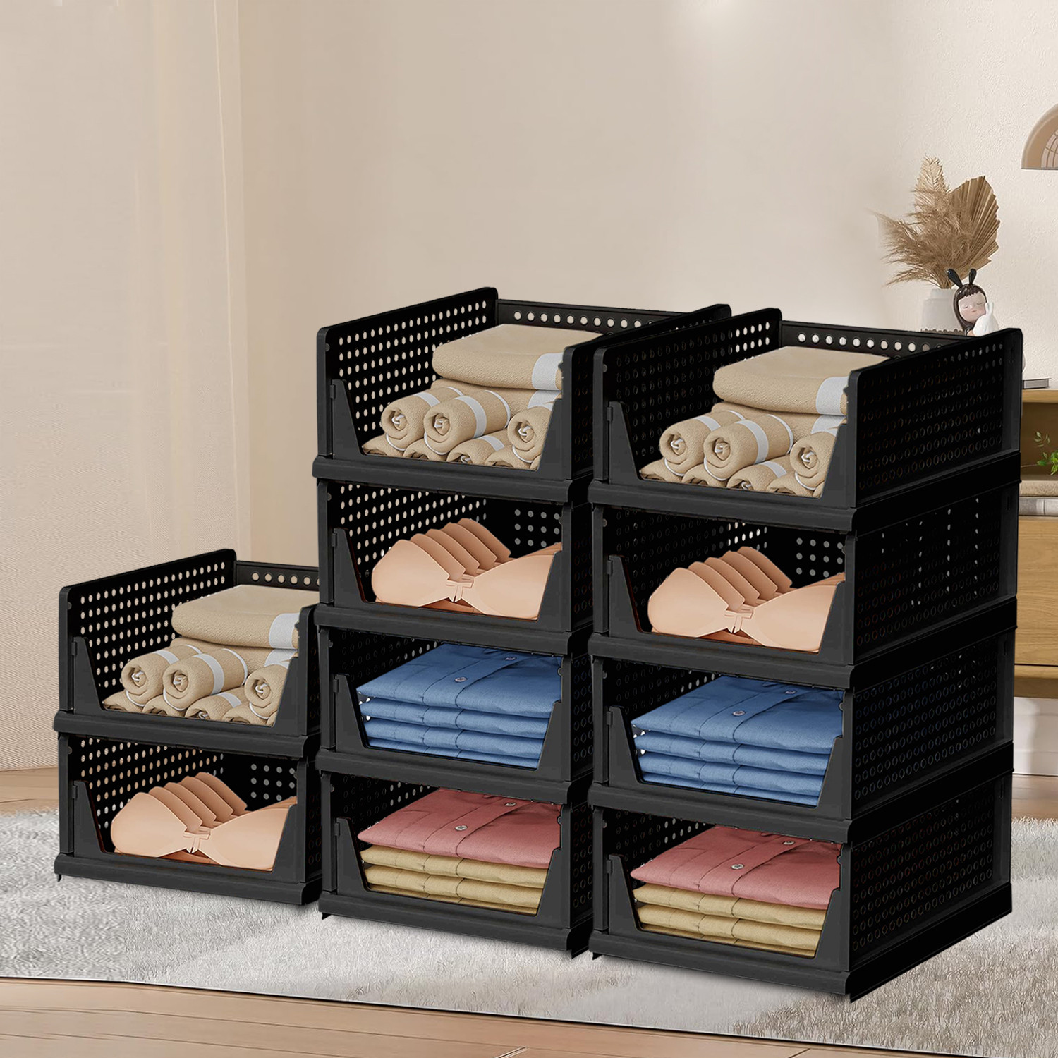 Kuber Industries Storage Organizer | Wardrobe Organizer For Clothes | Cloth Organizer | Foldable Shirt Stacker Box | Cloth Box for Almirah | Closet Storage Basket | Large | Black