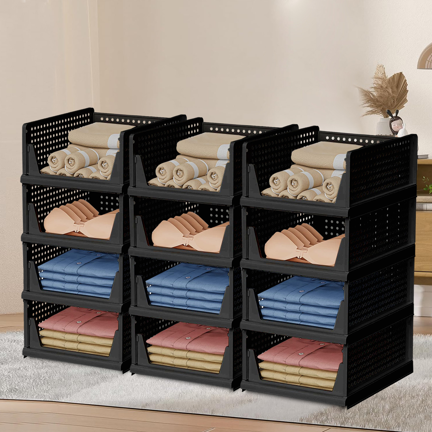 Kuber Industries Storage Organizer | Wardrobe Organizer For Clothes | Cloth Organizer | Foldable Shirt Stacker Box | Cloth Box for Almirah | Closet Storage Basket | Large | Black