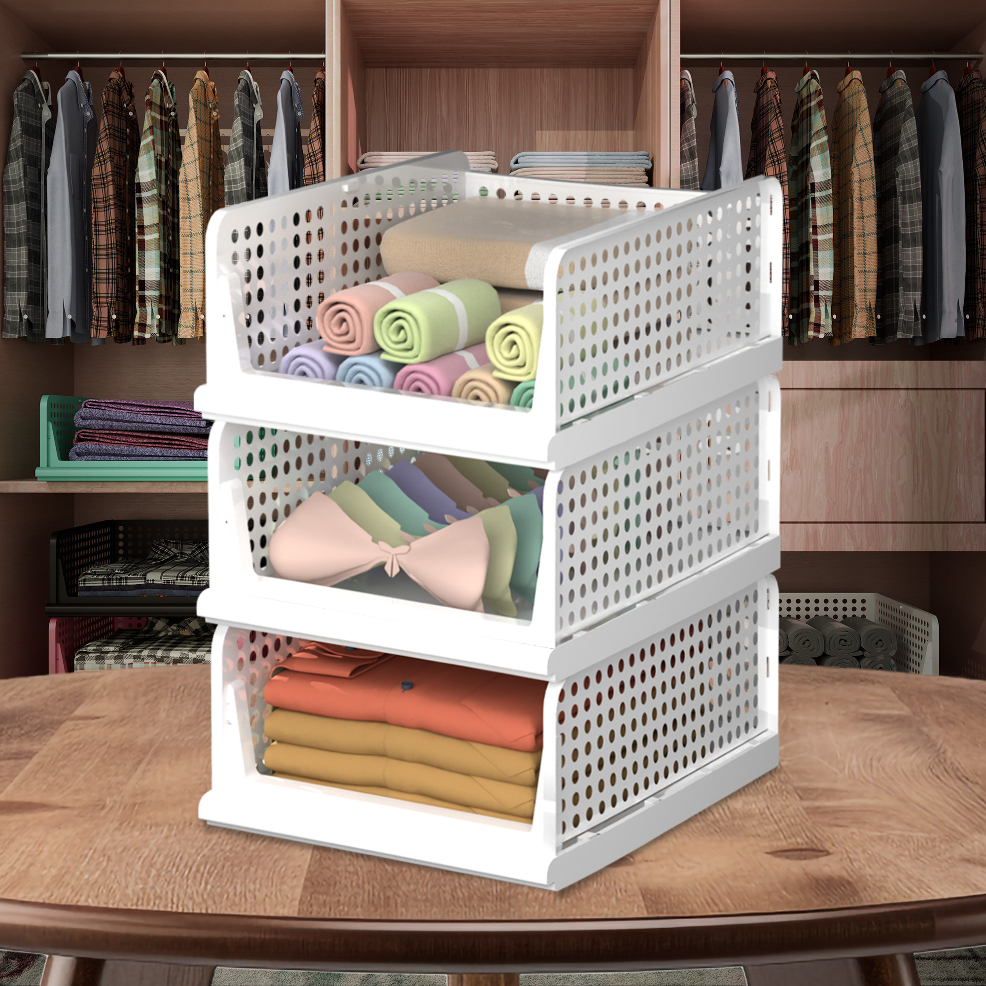 Kuber Industries Storage Organizer | Wardrobe Organizer For Clothes | Cupboard Organizer | Foldable Shirt Stacker Box | Cloth Box for Almirah | Closet Storage Basket | Large | White