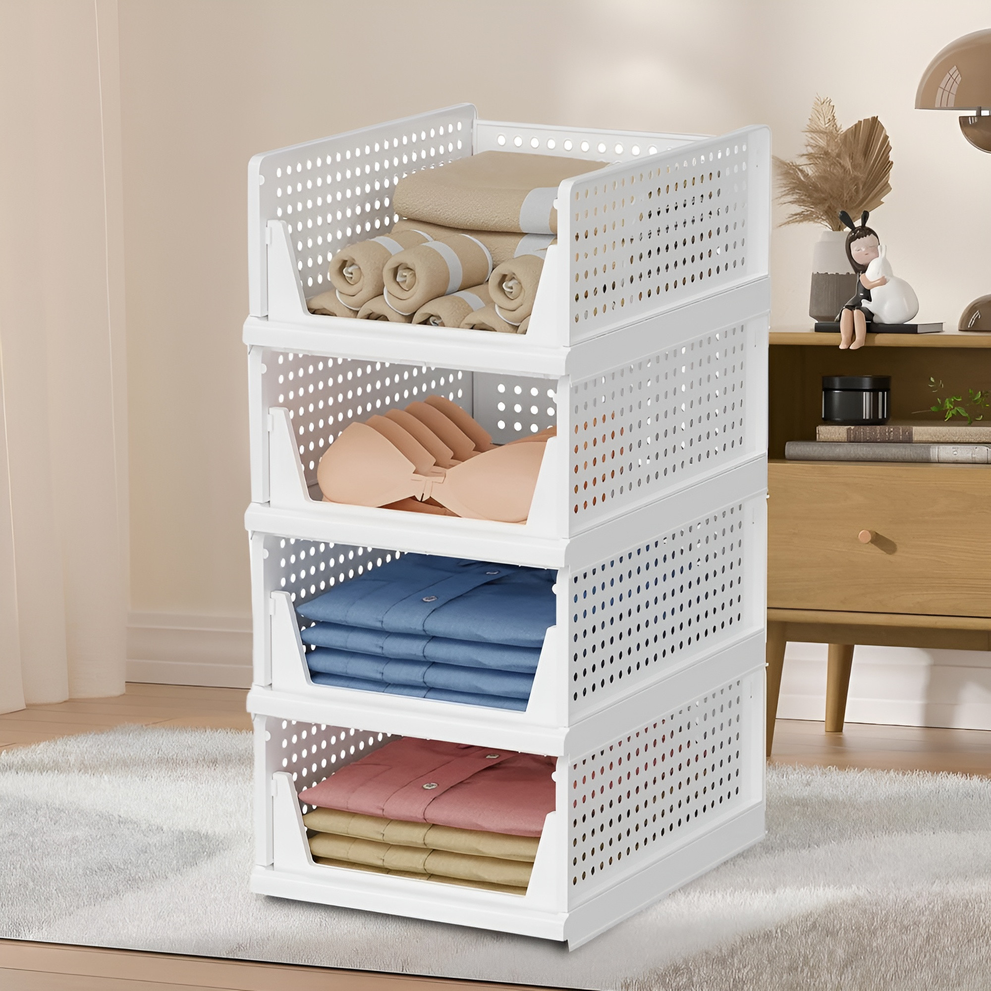 Kuber Industries Storage Organizer | Wardrobe Organizer For Clothes | Cupboard Organizer | Foldable Shirt Stacker Box | Cloth Box for Almirah | Closet Storage Basket | Large | White