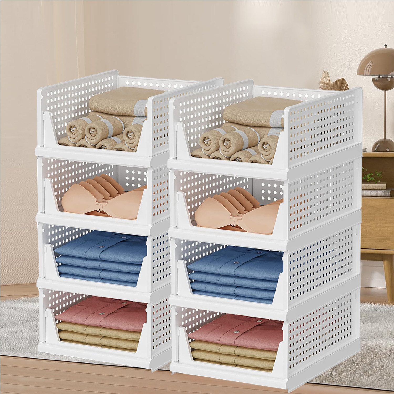 Kuber Industries Storage Organizer | Wardrobe Organizer For Clothes | Cupboard Organizer | Foldable Shirt Stacker Box | Cloth Box for Almirah | Closet Storage Basket | Large | White