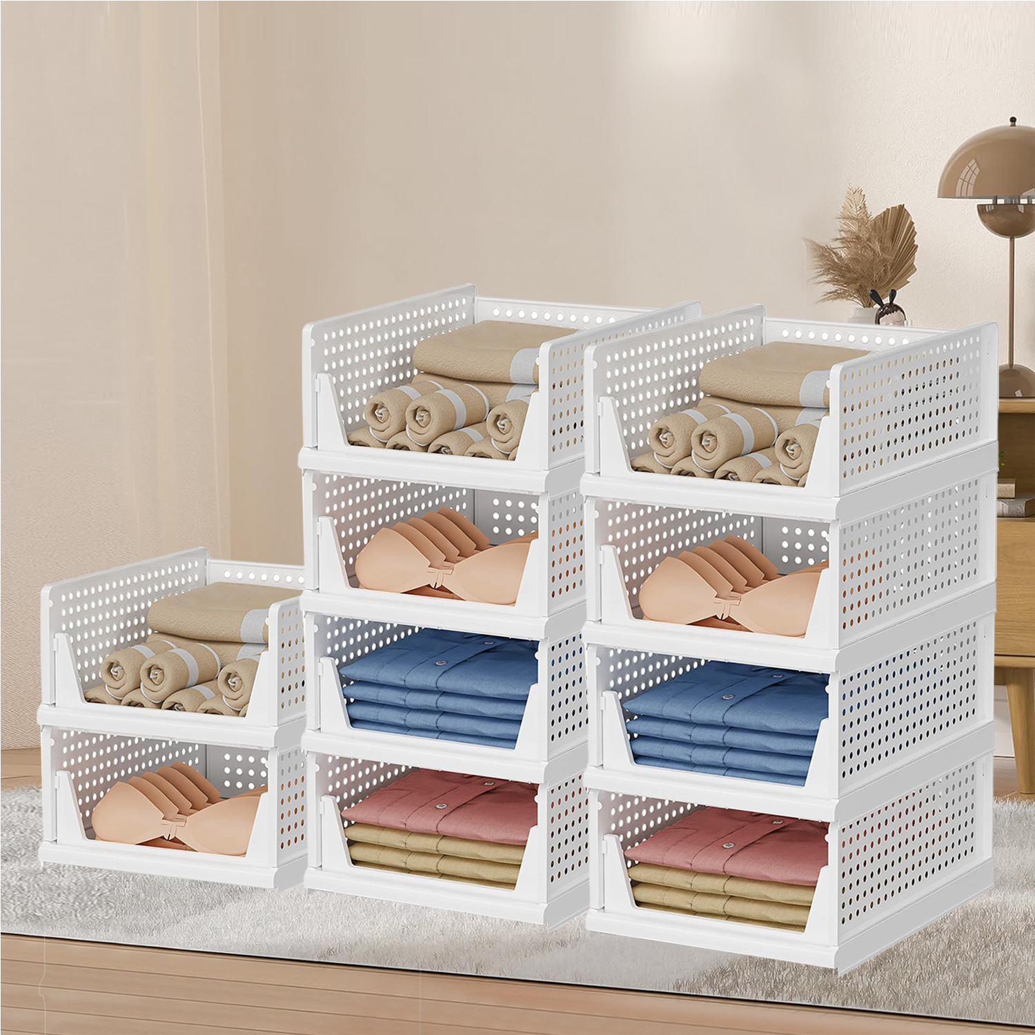 Kuber Industries Storage Organizer | Wardrobe Organizer For Clothes | Cupboard Organizer | Foldable Shirt Stacker Box | Cloth Box for Almirah | Closet Storage Basket | Large | White