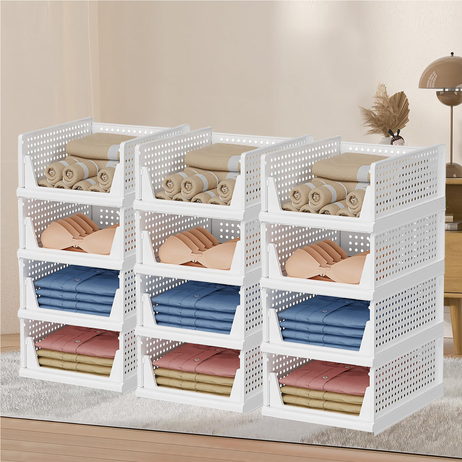 Kuber Industries Storage Organizer | Wardrobe Organizer For Clothes | Cupboard Organizer | Foldable Shirt Stacker Box | Cloth Box for Almirah | Closet Storage Basket | Large | White