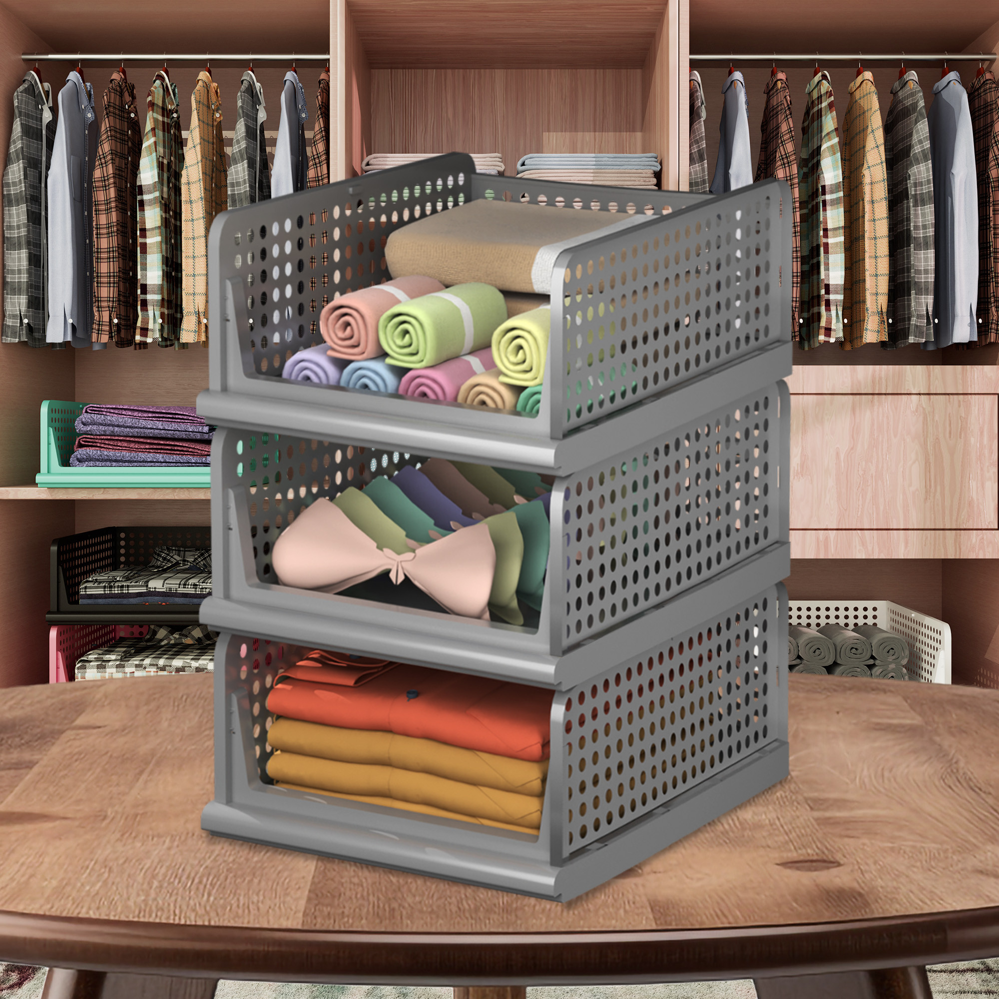 Kuber Industries Storage Organizer | Wardrobe Organizer For Clothes | Cupboard Organizer | Foldable Shirt Stacker Box | Cloth Box for Almirah | Closet Storage Basket | Large | Gray
