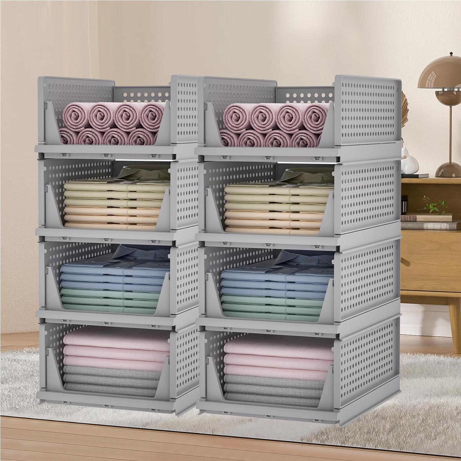 Kuber Industries Storage Organizer | Wardrobe Organizer For Clothes | Cupboard Organizer | Foldable Shirt Stacker Box | Cloth Box for Almirah | Closet Storage Basket | Large | Gray