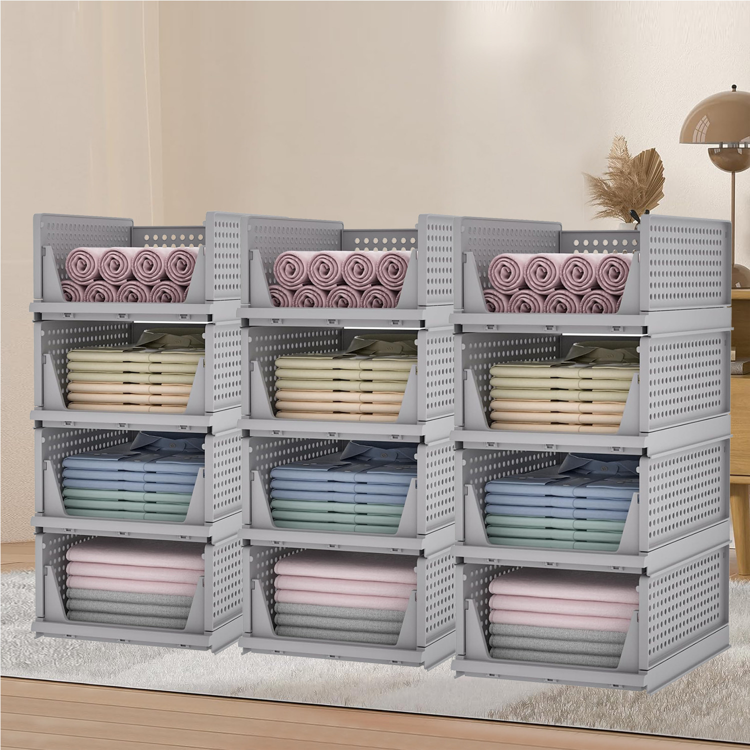 Kuber Industries Storage Organizer | Wardrobe Organizer For Clothes | Cupboard Organizer | Foldable Shirt Stacker Box | Cloth Box for Almirah | Closet Storage Basket | Large | Gray