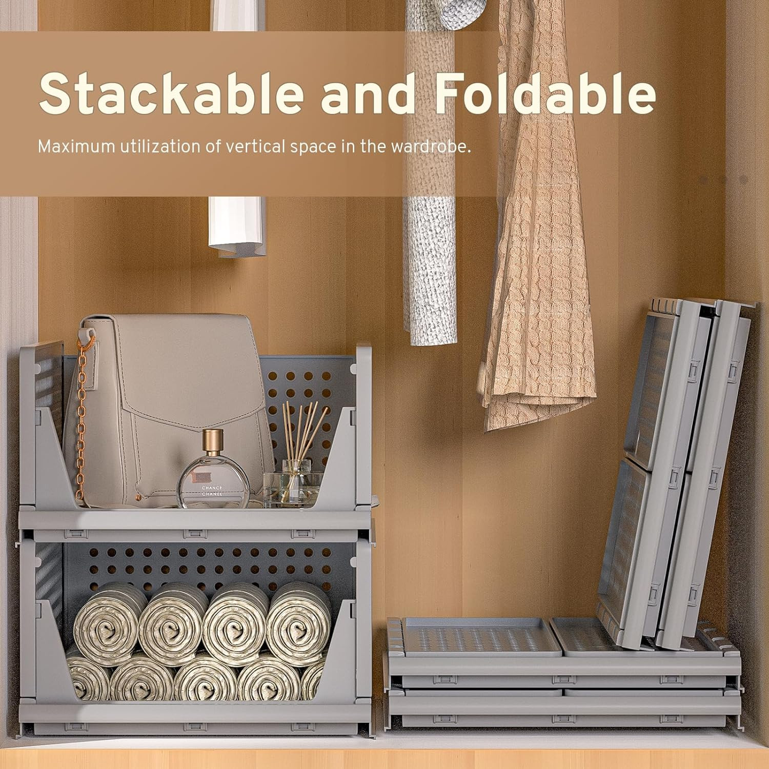 Kuber Industries Storage Organizer | Wardrobe Organizer For Clothes | Cupboard Organizer | Foldable Shirt Stacker Box | Cloth Box for Almirah | Closet Storage Basket | Large |Gray