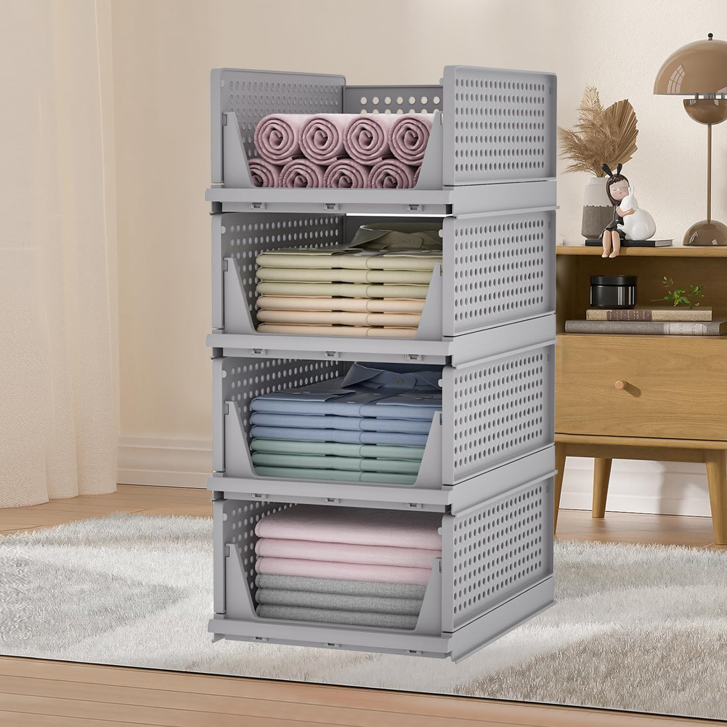 Kuber Industries Storage Organizer | Wardrobe Organizer For Clothes | Cupboard Organizer | Foldable Shirt Stacker Box | Cloth Box for Almirah | Closet Storage Basket | Large |Gray