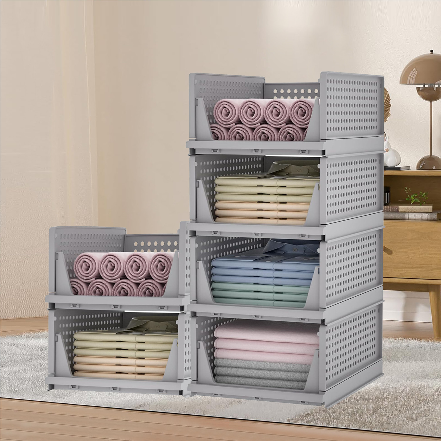 Kuber Industries Storage Organizer | Wardrobe Organizer For Clothes | Cupboard Organizer | Foldable Shirt Stacker Box | Cloth Box for Almirah | Closet Storage Basket | Large |Gray