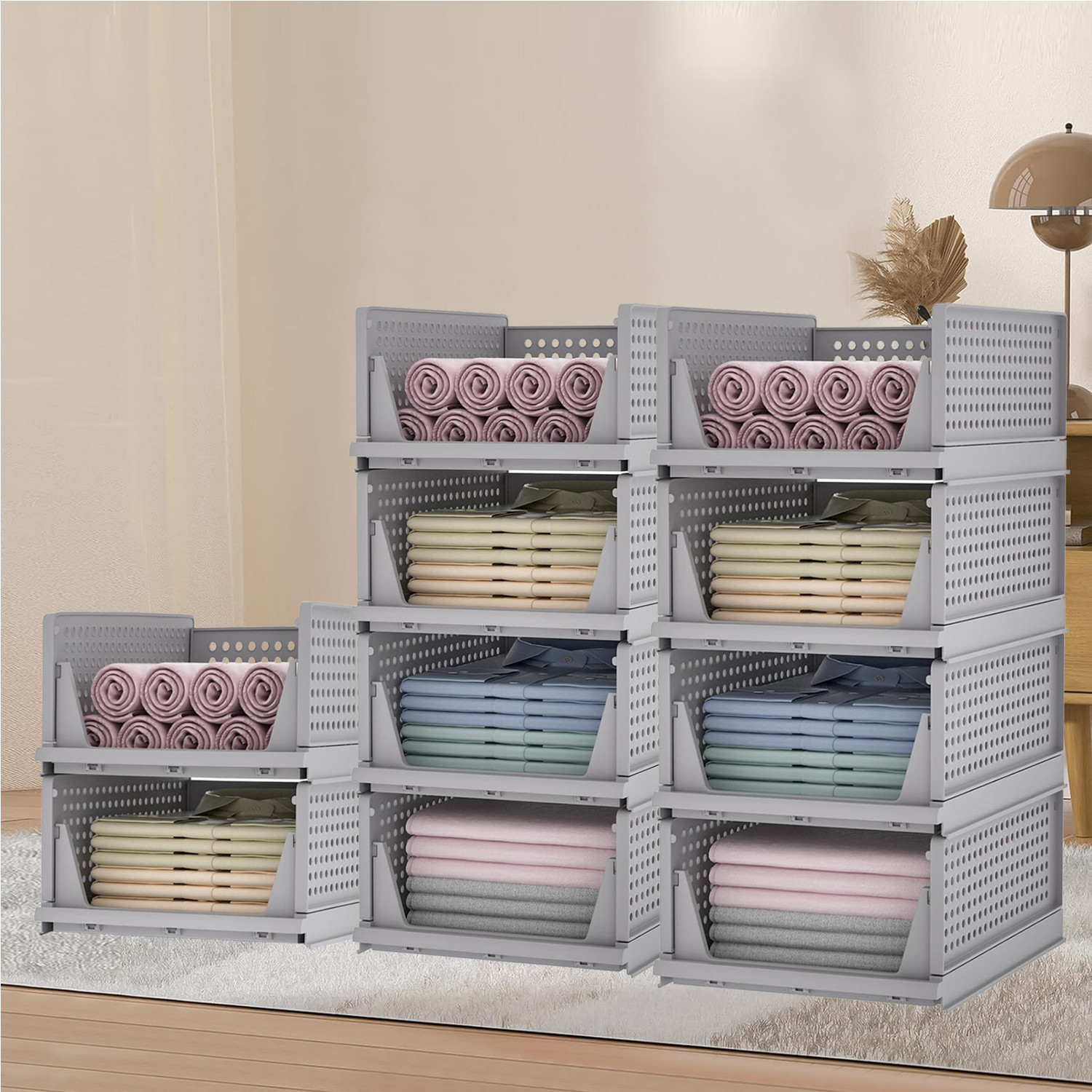 Kuber Industries Storage Organizer | Wardrobe Organizer For Clothes | Cupboard Organizer | Foldable Shirt Stacker Box | Cloth Box for Almirah | Closet Storage Basket | Large |Gray