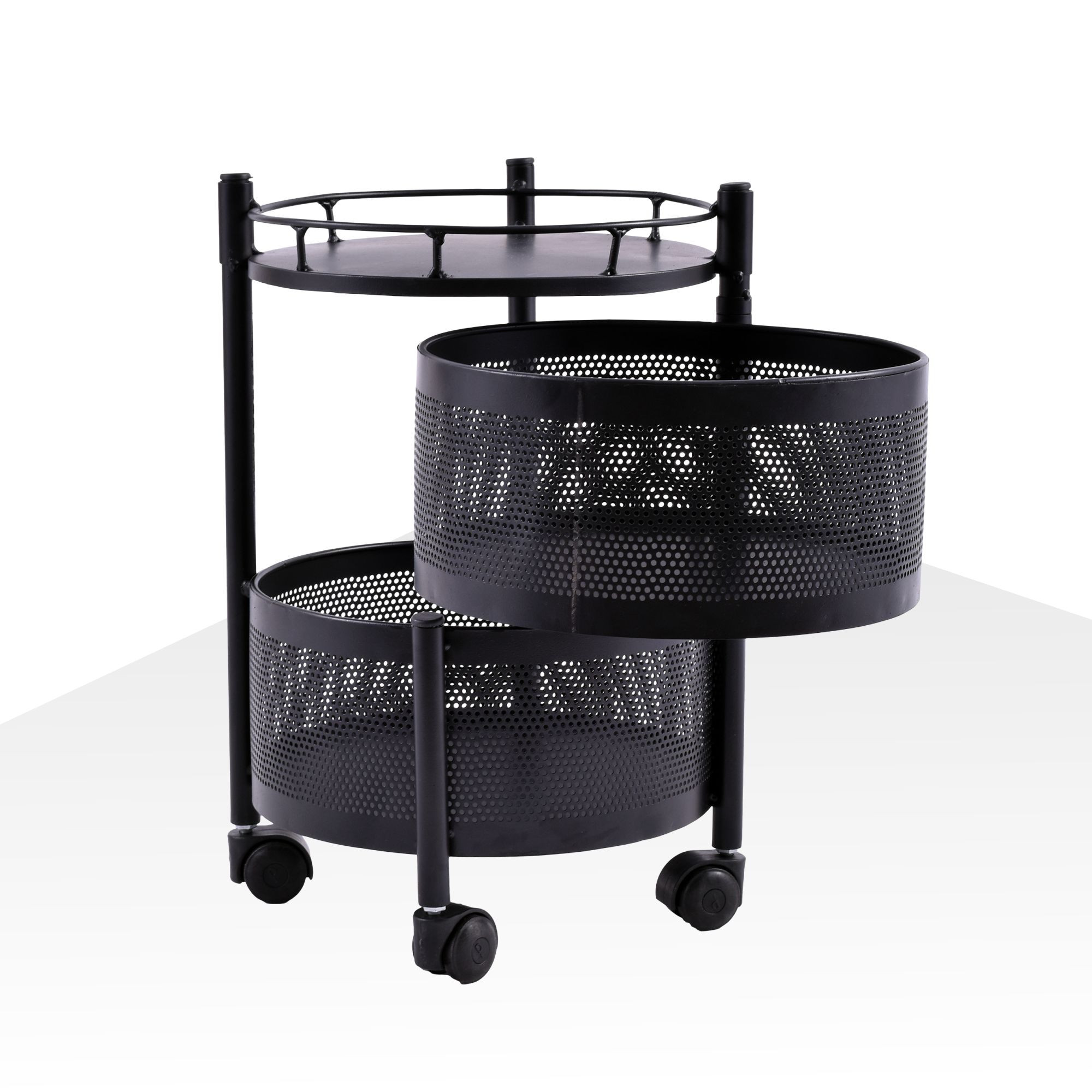 Kuber Industries Storage Rack  2-Layer Rotating Vegetable Kitchen Rack  Round Multipurpose Storage Trolley with Wheels  Metal Fruit Storage Rack  Kitchen Cabinet Spice Rack  Black