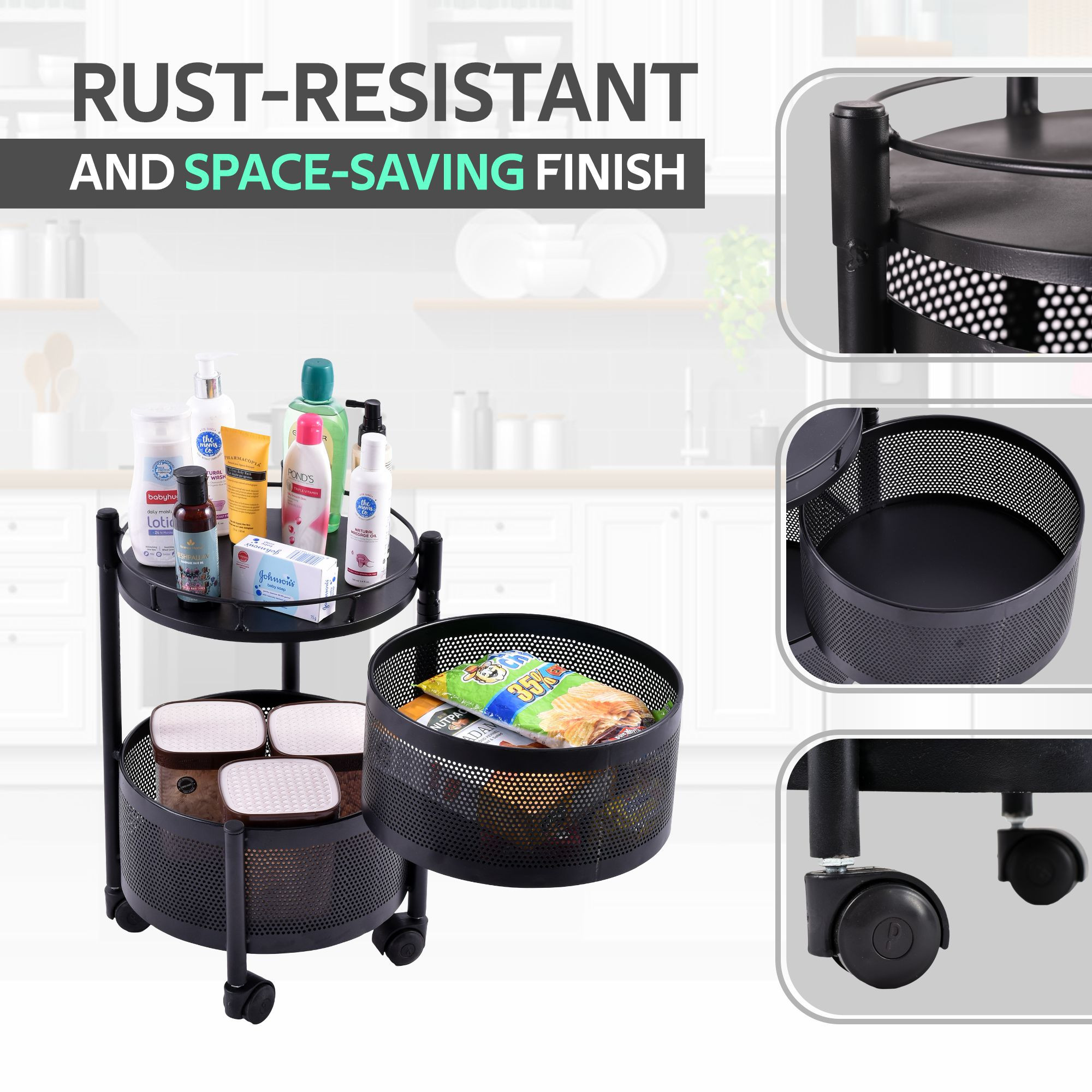 Kuber Industries Storage Rack  2-Layer Rotating Vegetable Kitchen Rack  Round Multipurpose Storage Trolley with Wheels  Metal Fruit Storage Rack  Kitchen Cabinet Spice Rack  Black