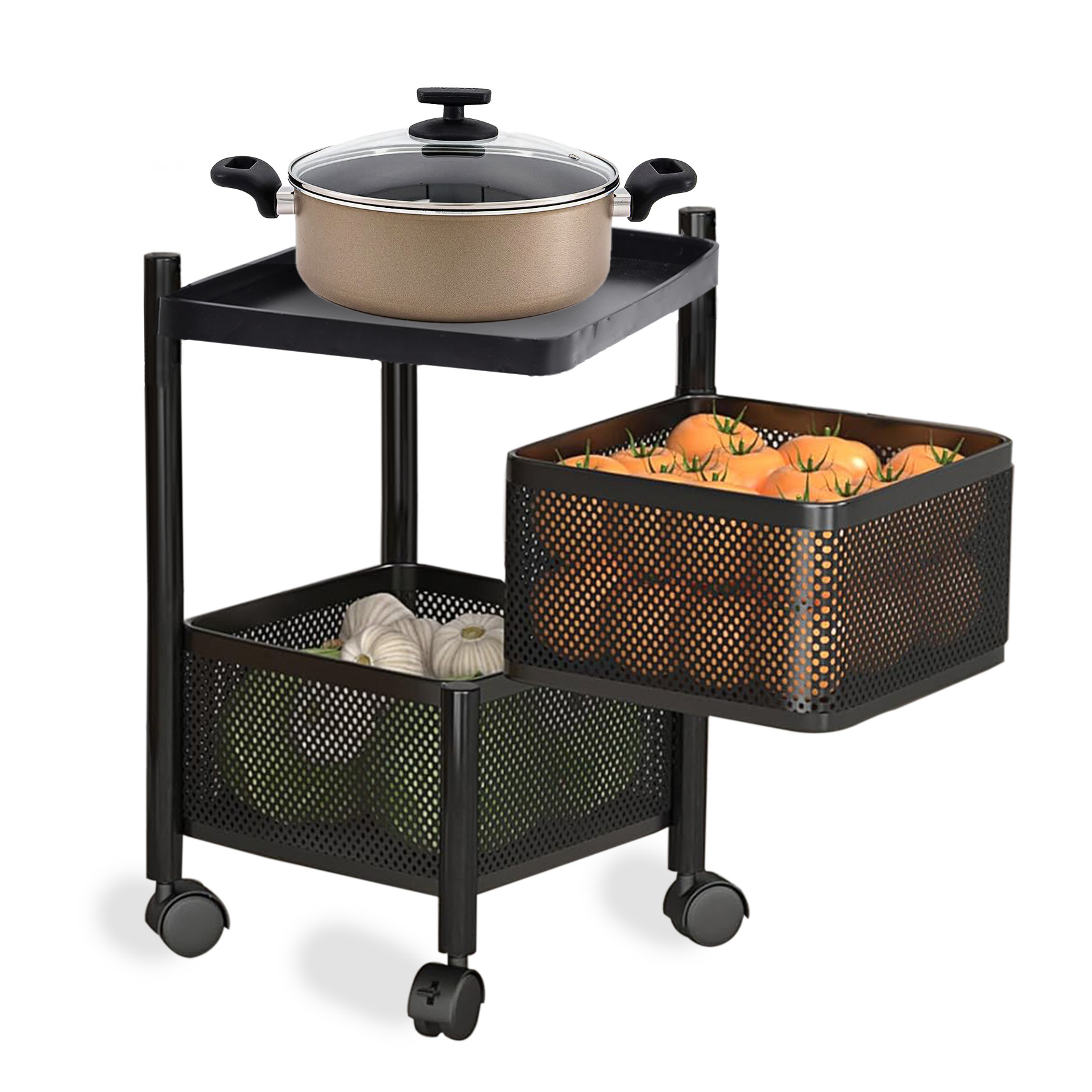 Kuber Industries Storage Rack  2-Layer Square Multipurpose Storage Trolley with Wheels  Revolving Vegetable Kitchen Rack  Kitchen Cabinet Spice Rack  Metal Fruit Storage Rack  Black