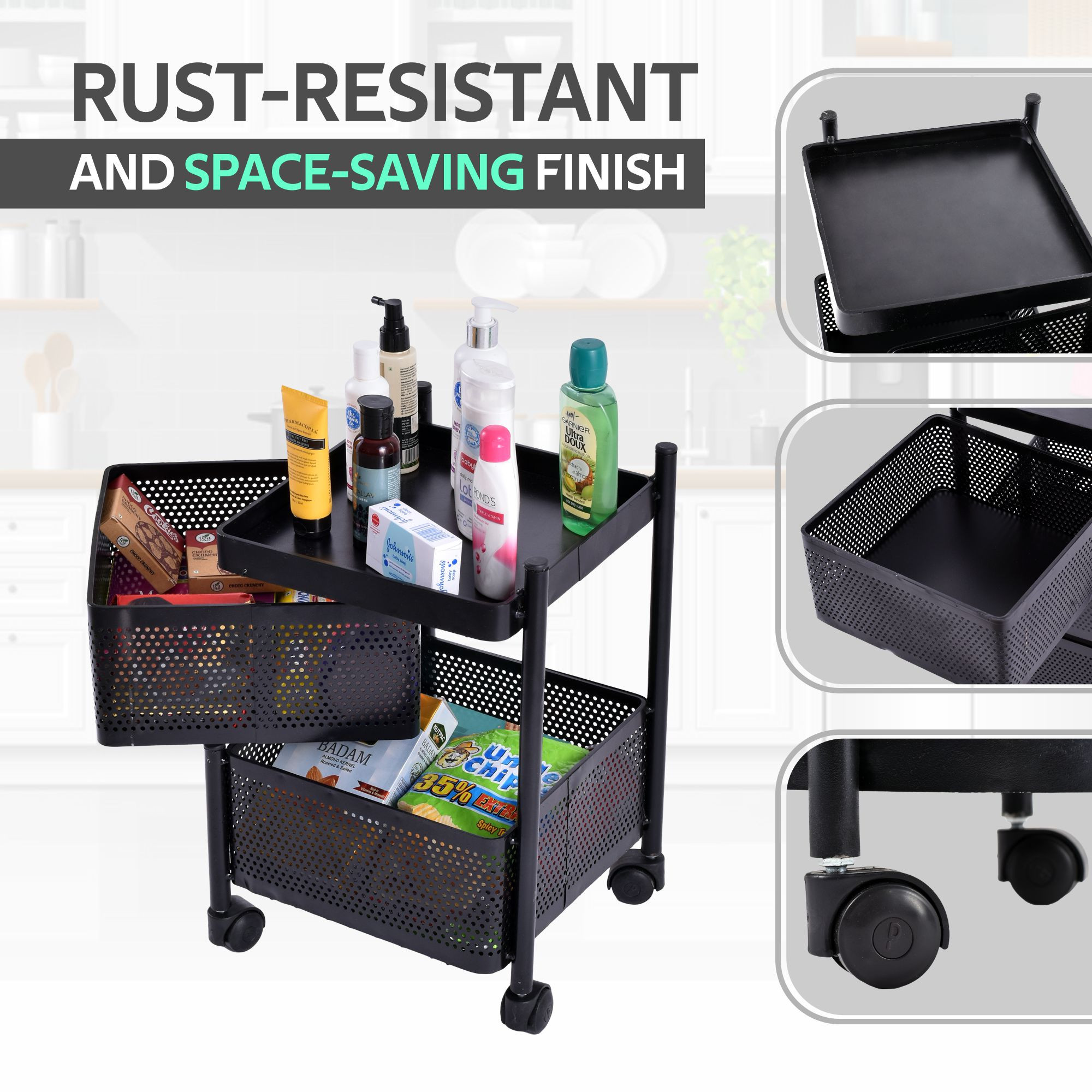 Kuber Industries Storage Rack  2-Layer Square Multipurpose Storage Trolley with Wheels  Revolving Vegetable Kitchen Rack  Kitchen Cabinet Spice Rack  Metal Fruit Storage Rack  Black