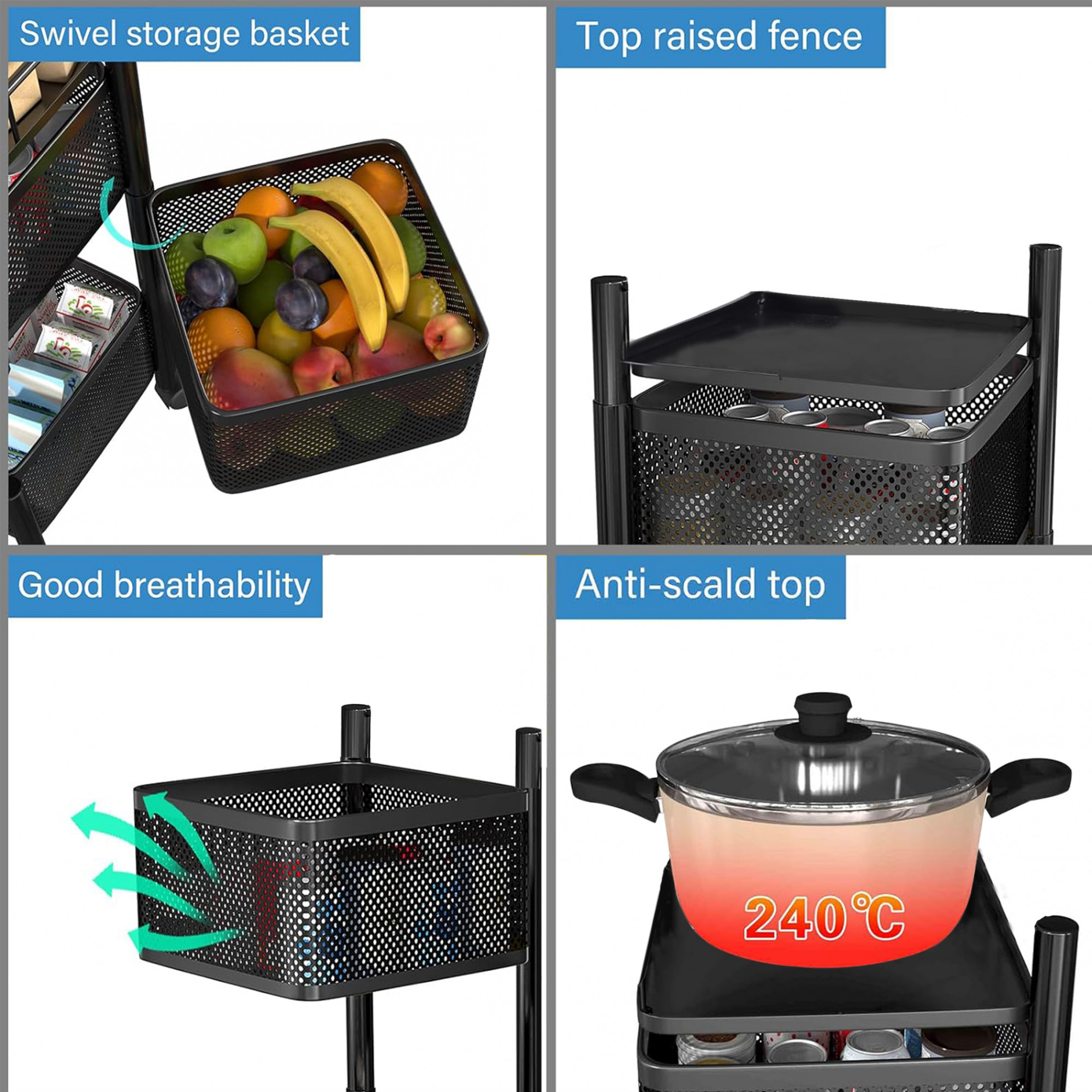 Kuber Industries Storage Rack  2-Layer Square Multipurpose Storage Trolley with Wheels  Revolving Vegetable Kitchen Rack  Kitchen Cabinet Spice Rack  Metal Fruit Storage Rack  Black