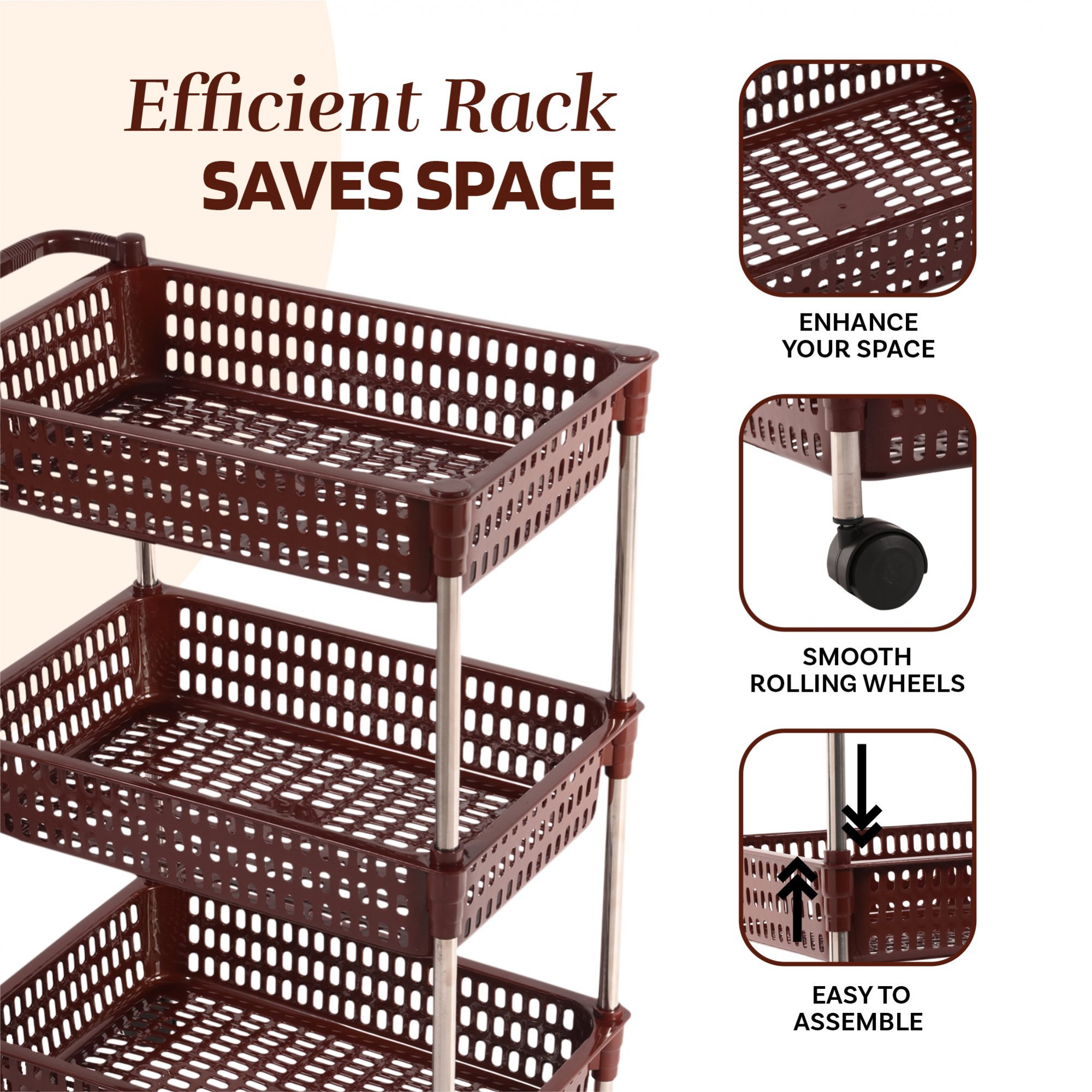 Kuber Industries Storage Rack with Wheels  3-Layer Storage Organizer Rack  Multipurpose Storage Trolley Rack for Kitchen-Home-office  Revolving Vegetable Storage Trolley  Brown