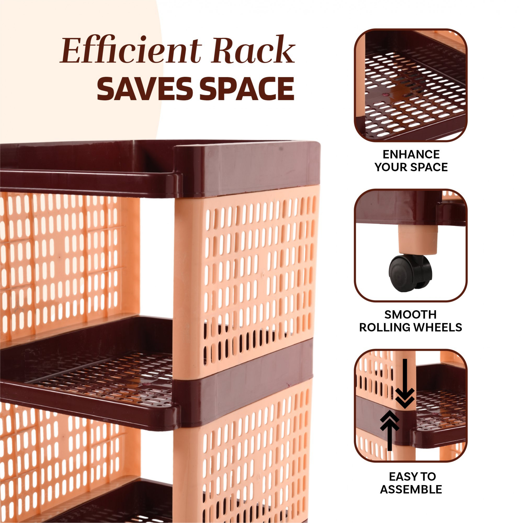 Kuber Industries Storage Rack with Wheels  3-Shelf Storage Organizer Rack  Multipurpose Shelf Storage Trolley Rack for Kitchen-Home-office  Office Storage Trolley  Brown