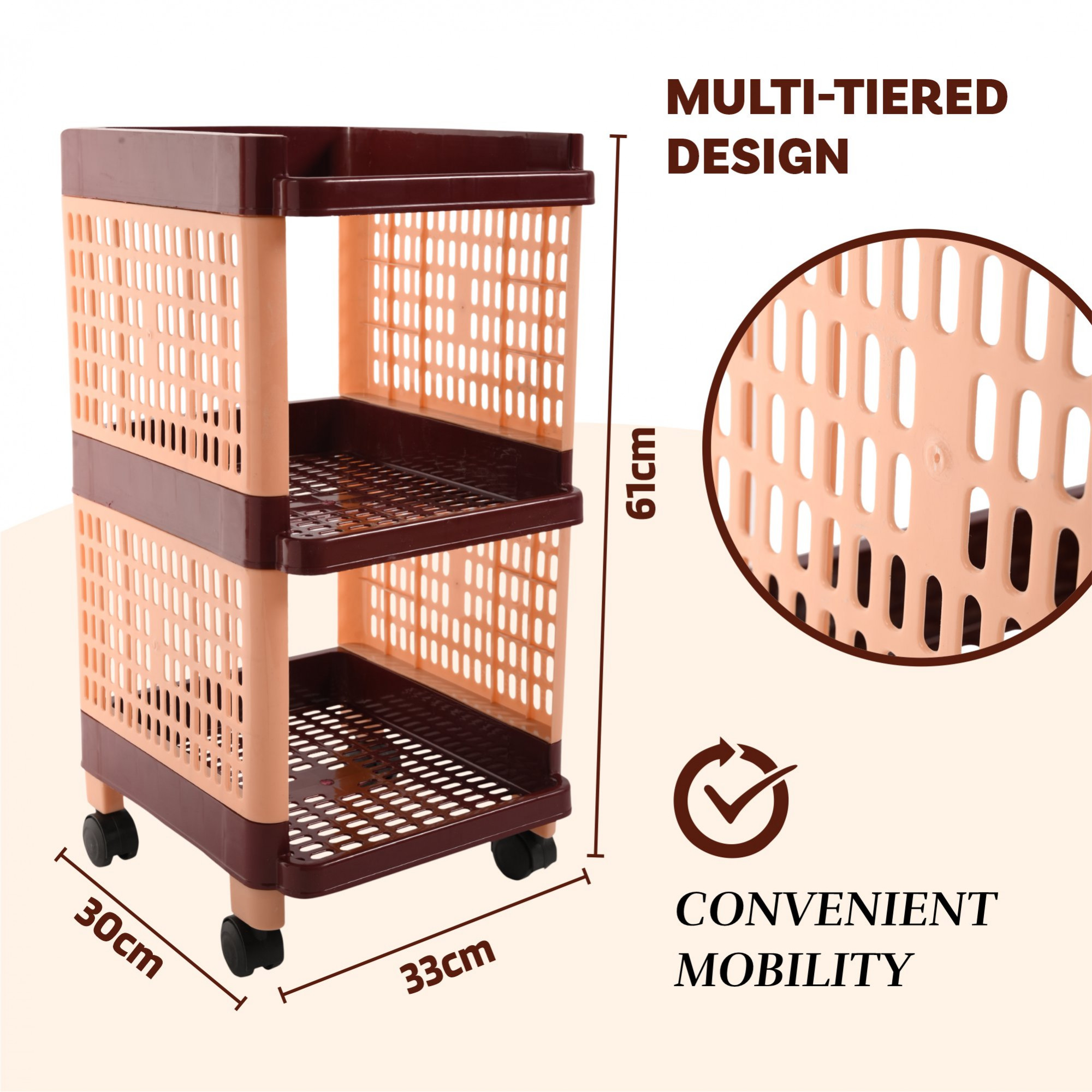 Kuber Industries Storage Rack with Wheels | 3-Shelf Storage Organizer Rack | Multipurpose Shelf Storage Trolley Rack for Kitchen-Home-office | Office Storage Trolley | Brown