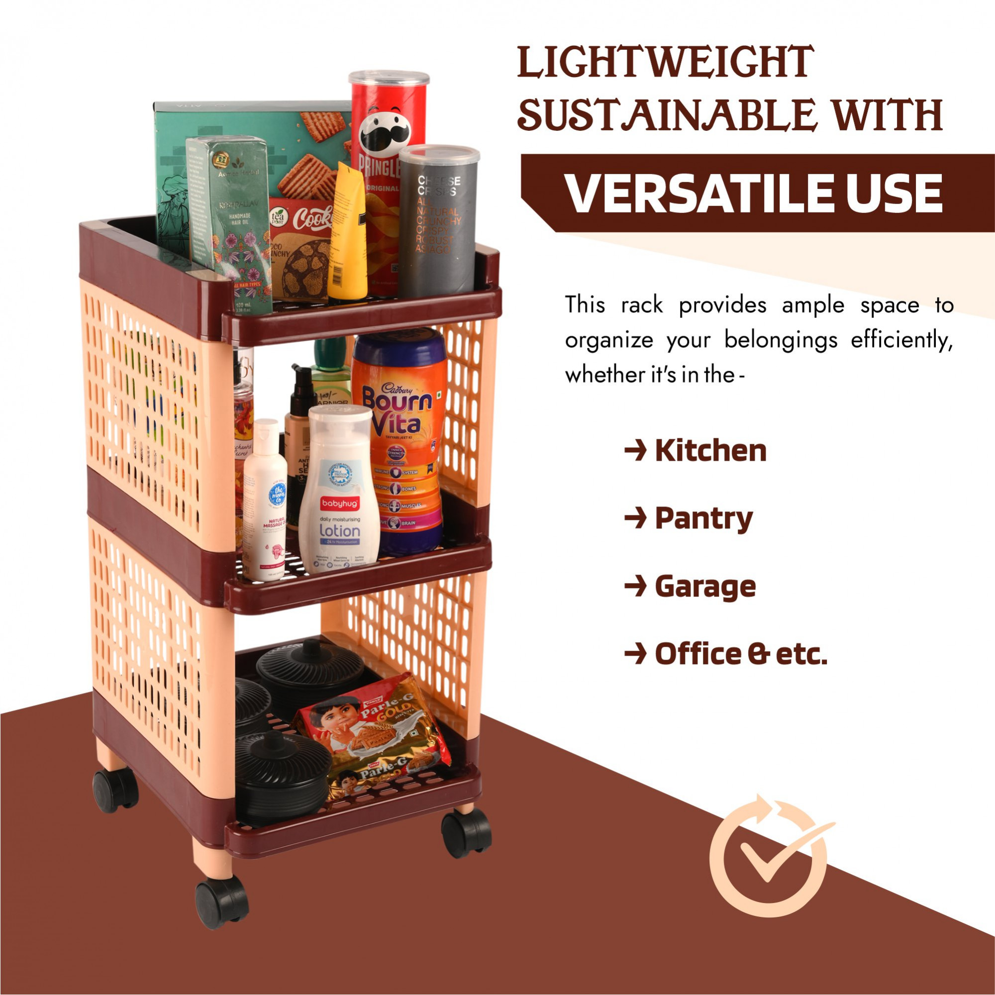 Kuber Industries Storage Rack with Wheels | 3-Shelf Storage Organizer Rack | Multipurpose Shelf Storage Trolley Rack for Kitchen-Home-office | Office Storage Trolley | Brown