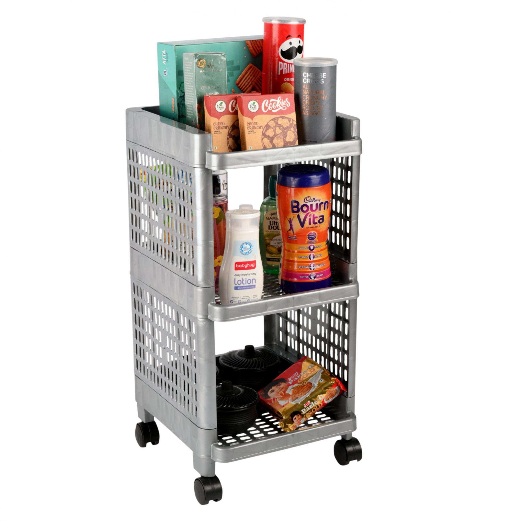 Kuber Industries Storage Rack with Wheels | 3-Shelf Storage Organizer Rack | Multipurpose Shelf Storage Trolley Rack for Kitchen-Home-office | Office Storage Trolley | Gray