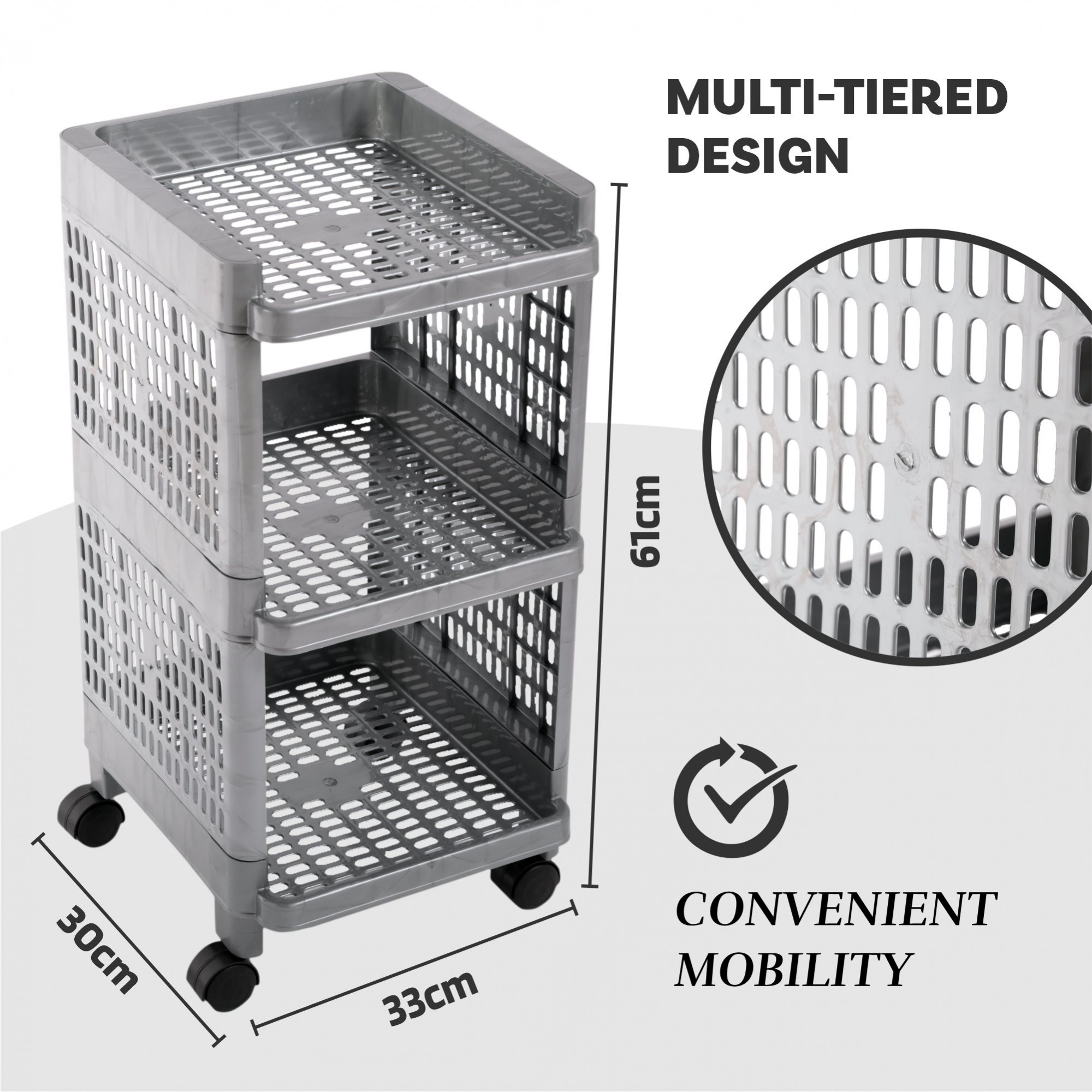 Kuber Industries Storage Rack with Wheels | 3-Shelf Storage Organizer Rack | Multipurpose Shelf Storage Trolley Rack for Kitchen-Home-office | Office Storage Trolley | Gray