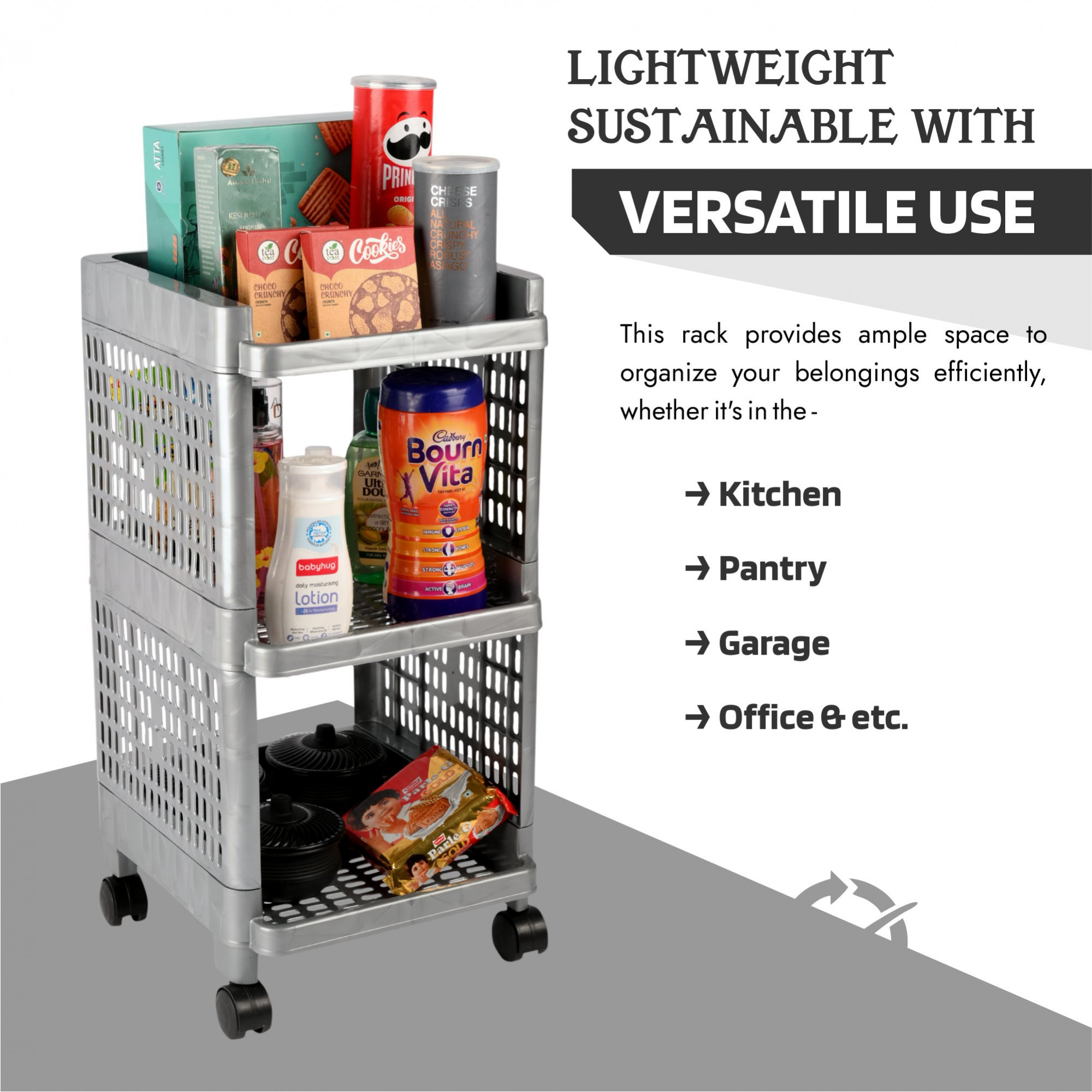 Kuber Industries Storage Rack with Wheels | 3-Shelf Storage Organizer Rack | Multipurpose Shelf Storage Trolley Rack for Kitchen-Home-office | Office Storage Trolley | Gray