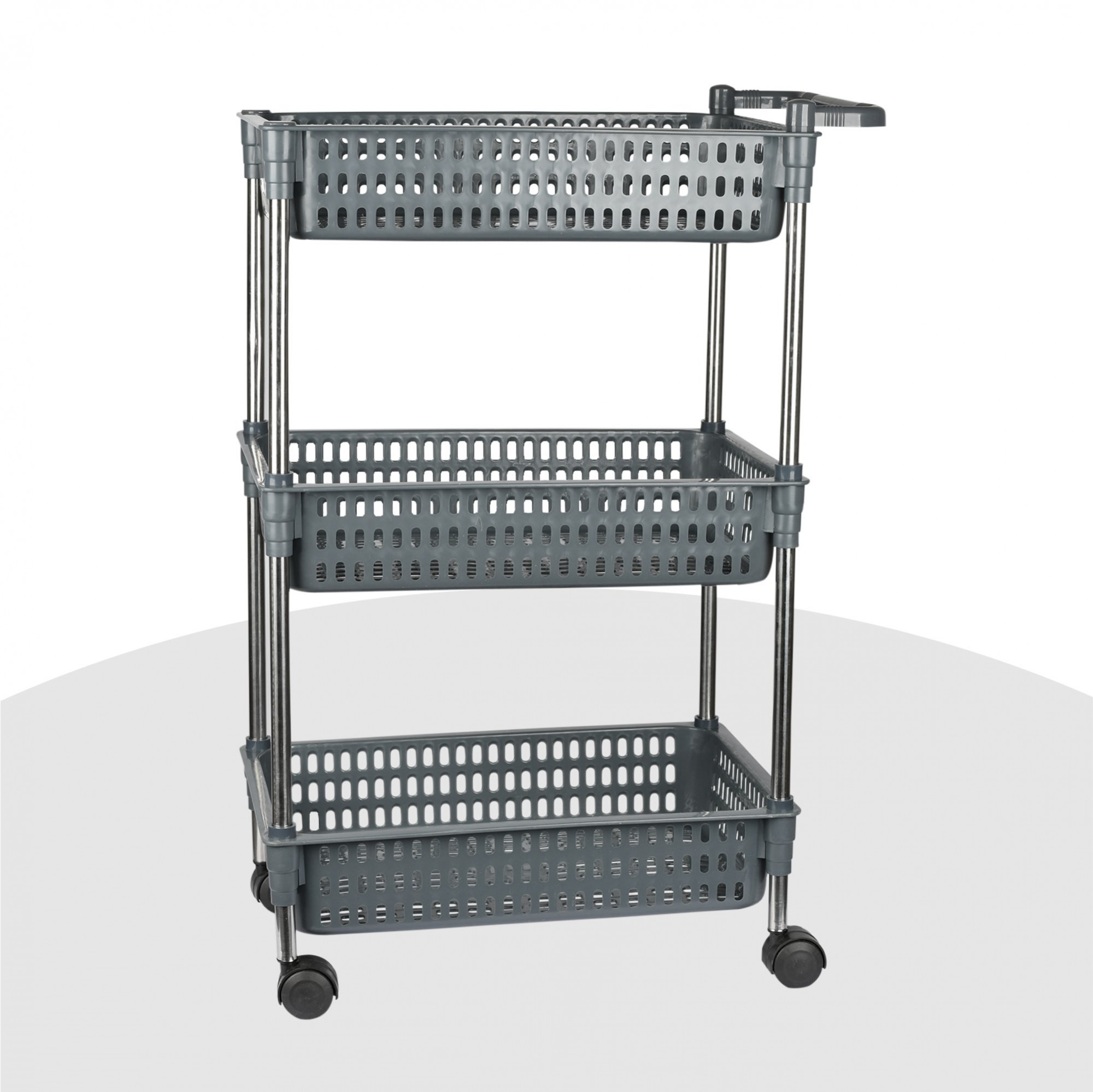 Kuber Industries Storage Rack with Wheels  3-Shelf Storage Organizer Rack  Multipurpose Storage Trolley Rack for Kitchen-Home-office  Revolving Vegetable Storage Trolley  Gray
