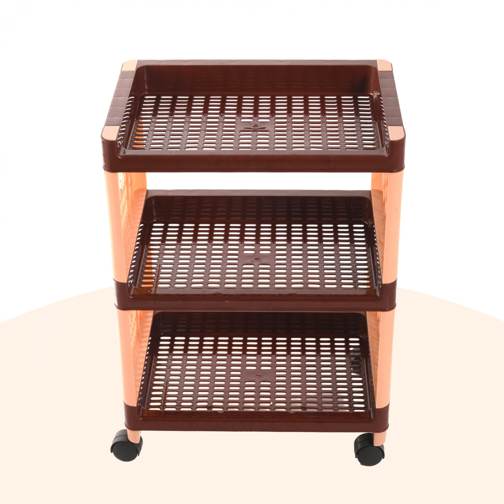 Kuber Industries Storage Rack with Wheels  3-Shelf Storage Organizer Rack  Multipurpose Storage Trolley Rack for Kitchen-Home-office  Vegetable Storage Trolley  Brown