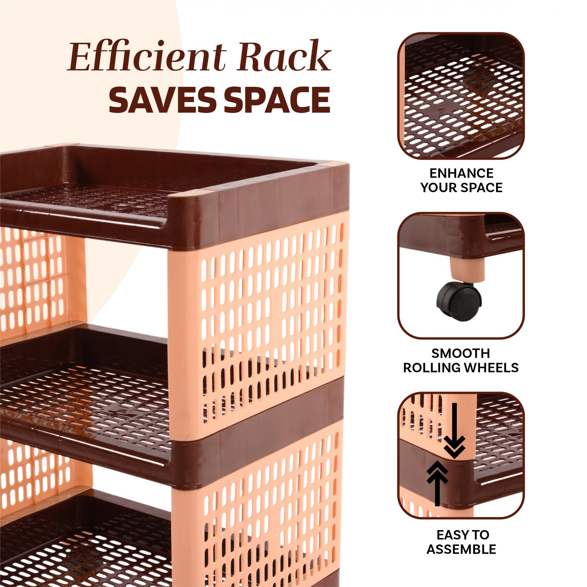 Kuber Industries Storage Rack with Wheels  3-Shelf Storage Organizer Rack  Multipurpose Storage Trolley Rack for Kitchen-Home-office  Vegetable Storage Trolley  Brown