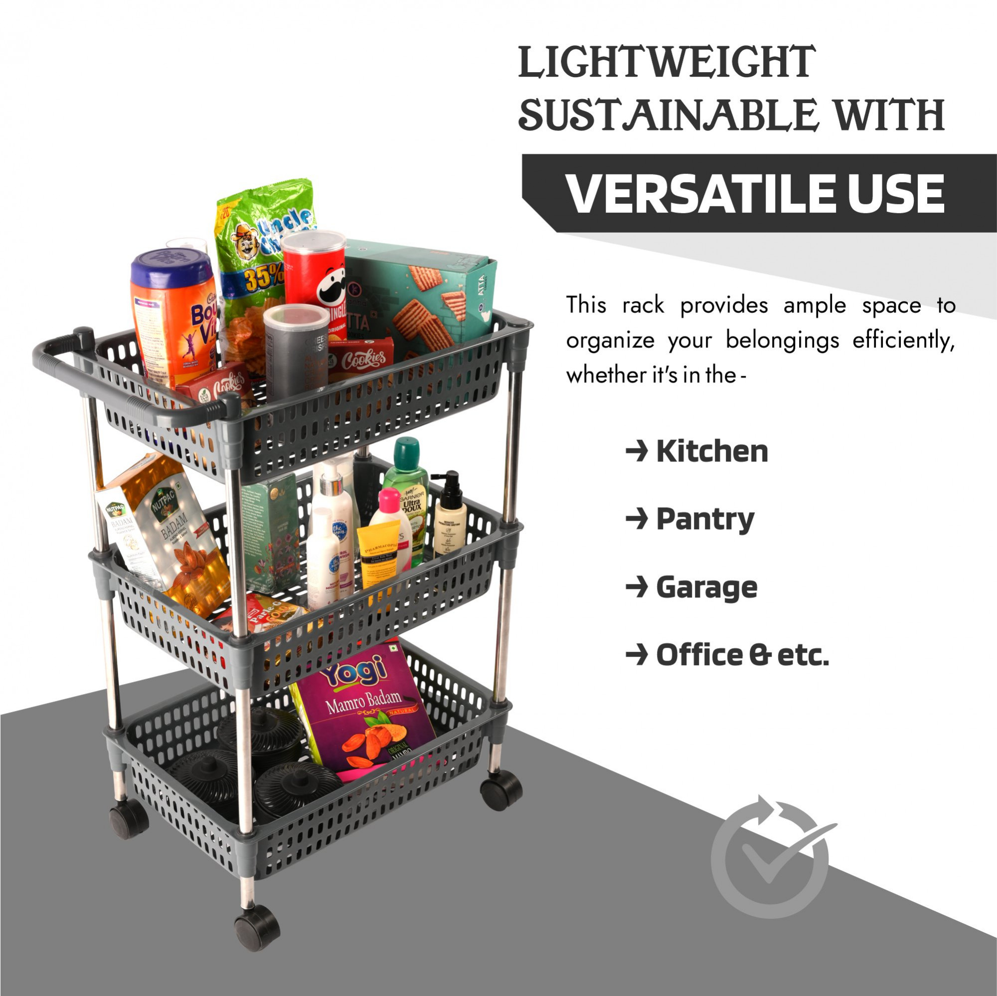 Kuber Industries Storage Rack with Wheels  3-Shelf Storage Organizer Rack  Multipurpose Storage Trolley Rack for Kitchen-Home-office  Revolving Vegetable Storage Trolley  Gray