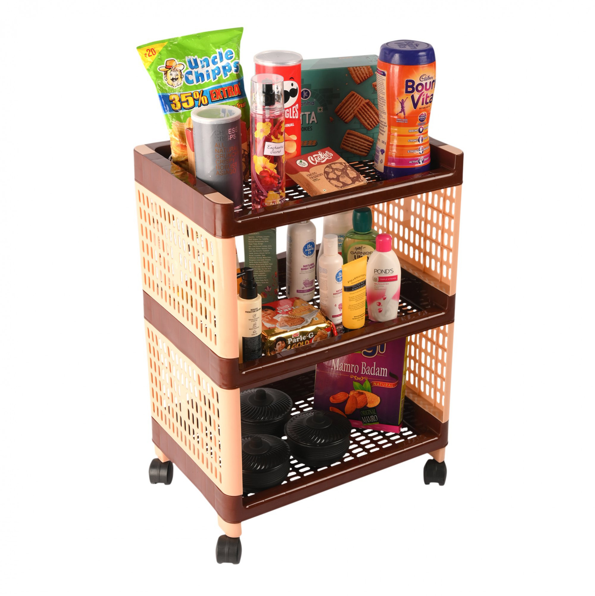 Kuber Industries Storage Rack with Wheels | 3-Shelf Storage Organizer Rack | Multipurpose Storage Trolley Rack for Kitchen-Home-office | Vegetable Storage Trolley | Brown