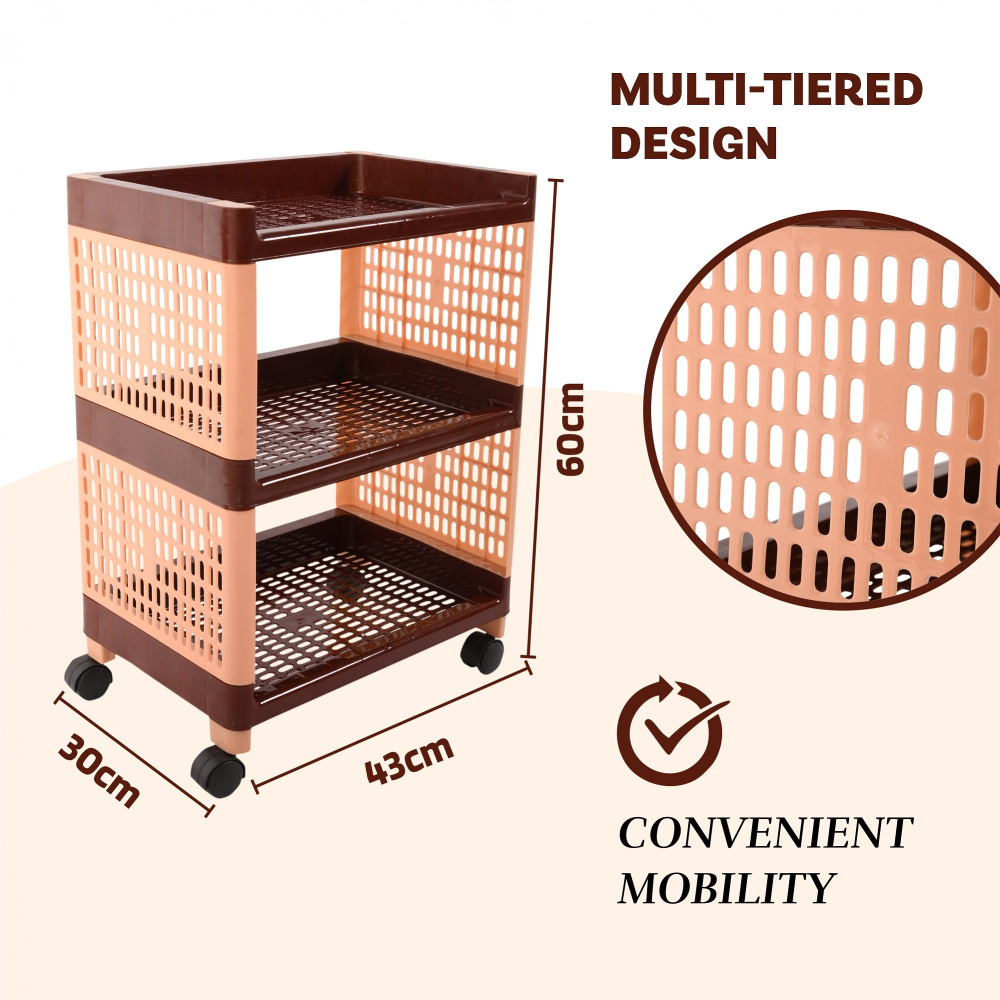 Kuber Industries Storage Rack with Wheels | 3-Shelf Storage Organizer Rack | Multipurpose Storage Trolley Rack for Kitchen-Home-office | Vegetable Storage Trolley | Brown