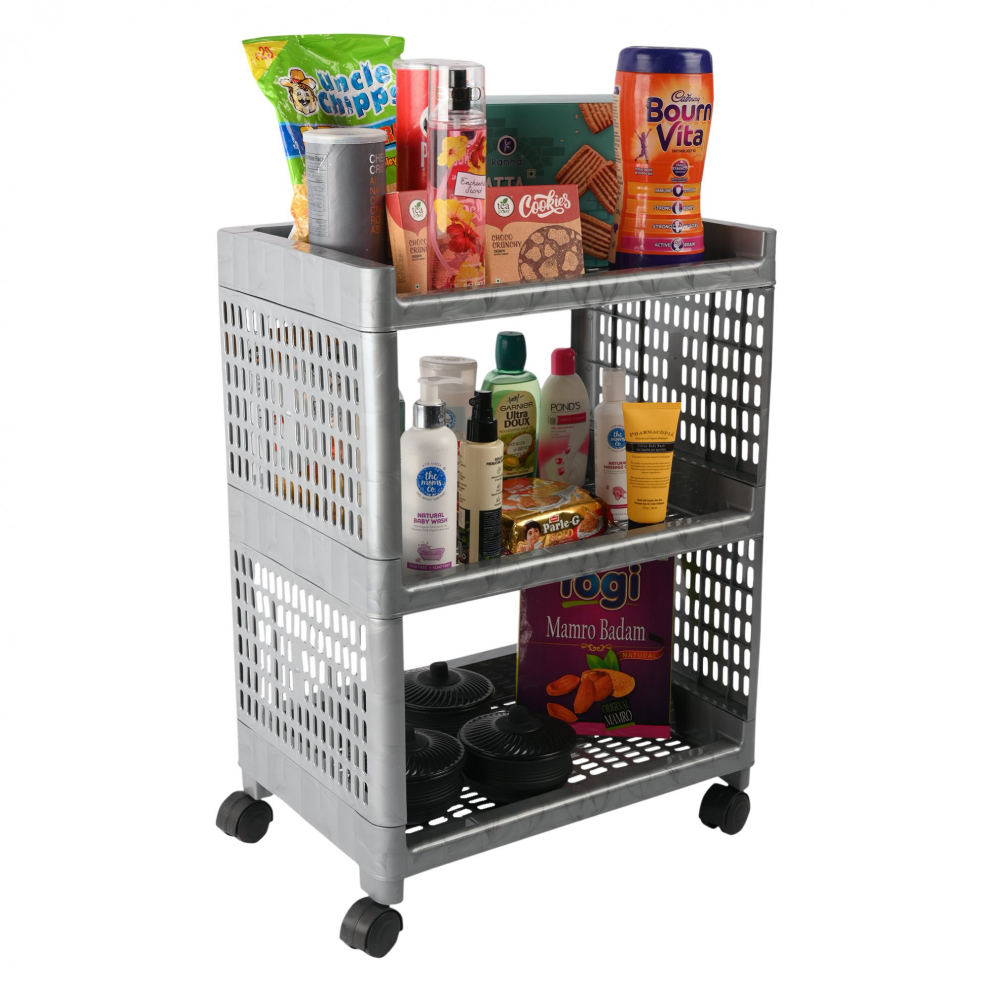 Kuber Industries Storage Rack with Wheels | 3-Shelf Storage Organizer Rack | Multipurpose Storage Trolley Rack for Kitchen-Home-office | Vegetable Storage Trolley | Gray