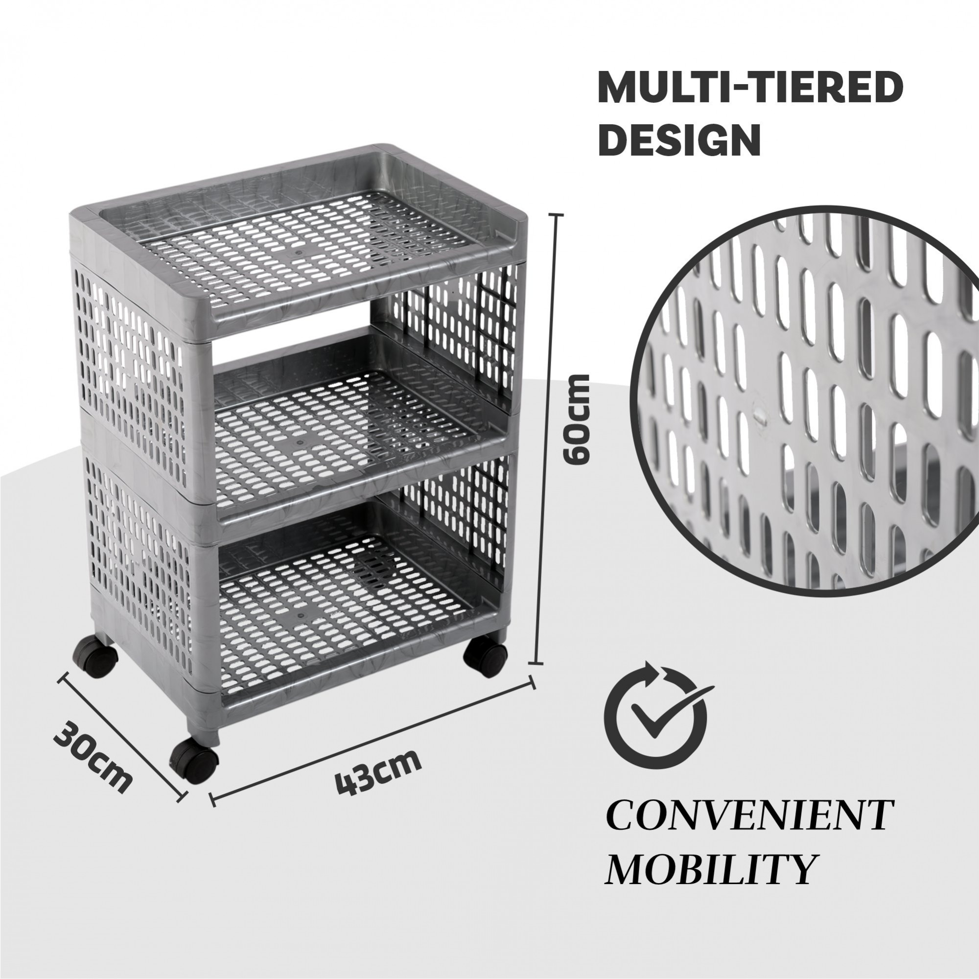 Kuber Industries Storage Rack with Wheels | 3-Shelf Storage Organizer Rack | Multipurpose Storage Trolley Rack for Kitchen-Home-office | Vegetable Storage Trolley | Gray