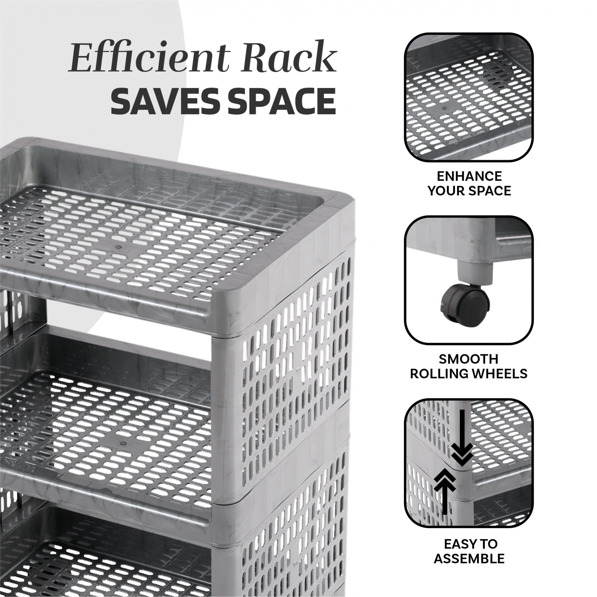 Kuber Industries Storage Rack with Wheels | 3-Shelf Storage Organizer Rack | Multipurpose Storage Trolley Rack for Kitchen-Home-office | Vegetable Storage Trolley | Gray