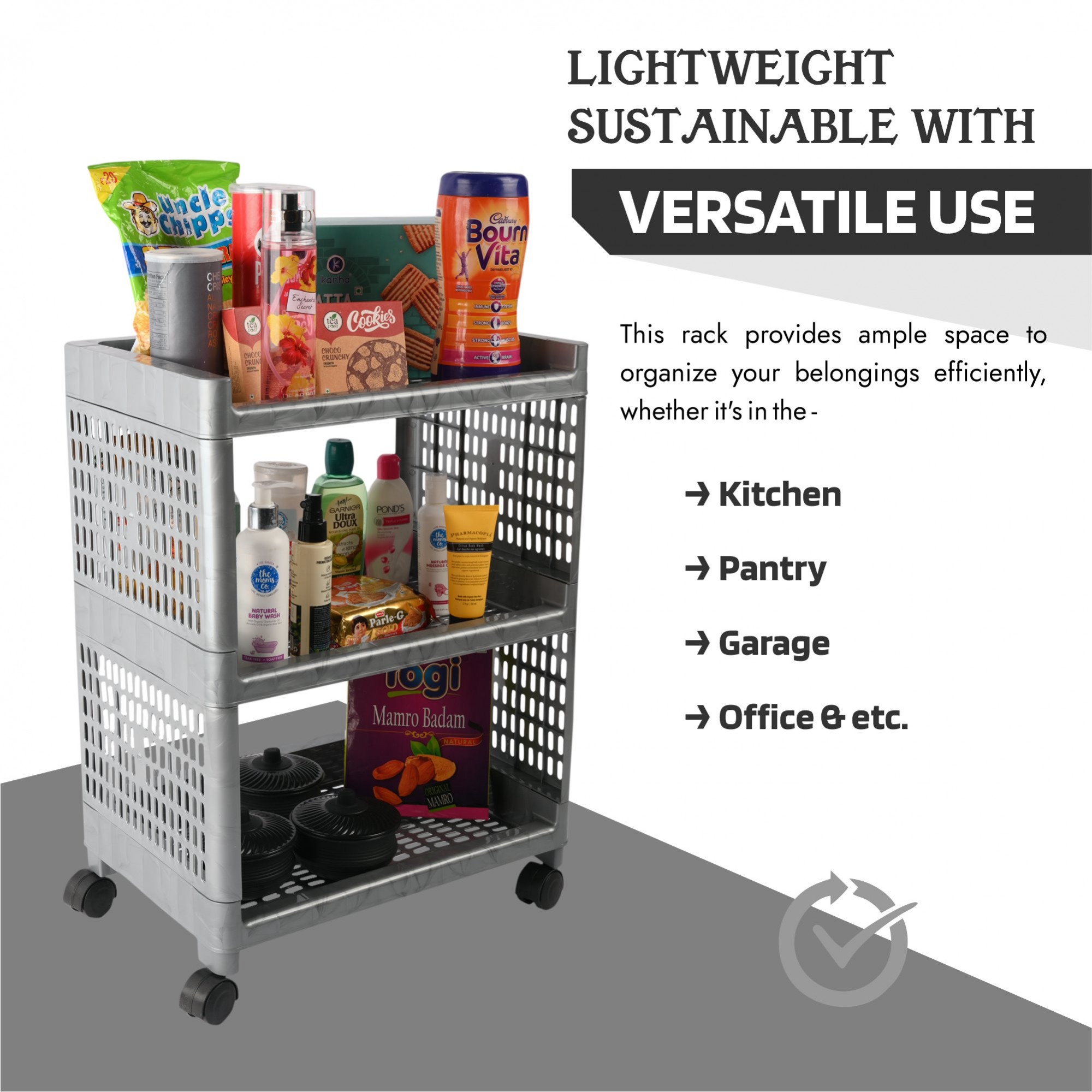 Kuber Industries Storage Rack with Wheels | 3-Shelf Storage Organizer Rack | Multipurpose Storage Trolley Rack for Kitchen-Home-office | Vegetable Storage Trolley | Gray