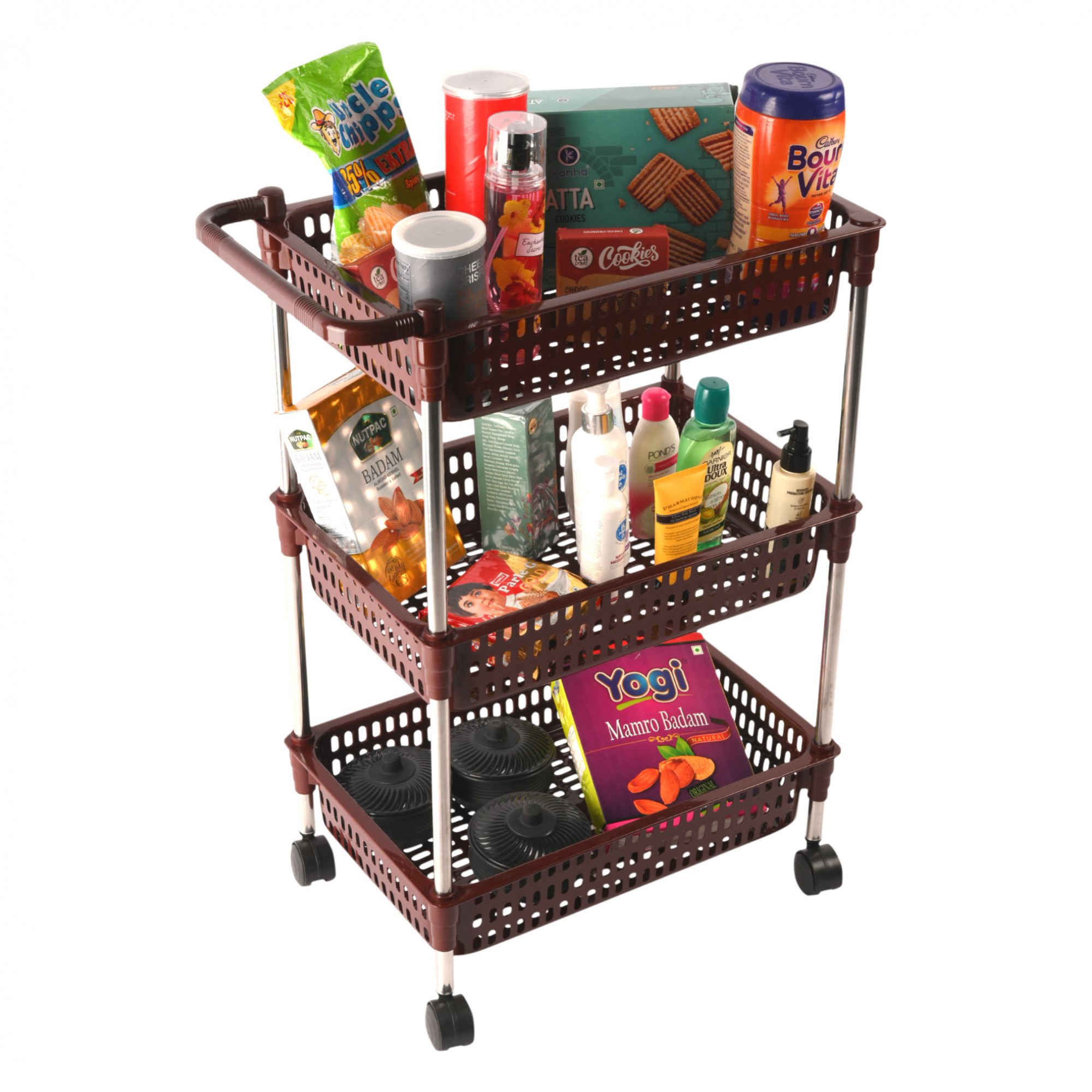 Kuber Industries Storage Rack with Wheels | 3-Shelf Storage Organizer Rack | Multipurpose Storage Trolley Rack for Kitchen-Home-office | Revolving Vegetable Storage Trolley | Brown