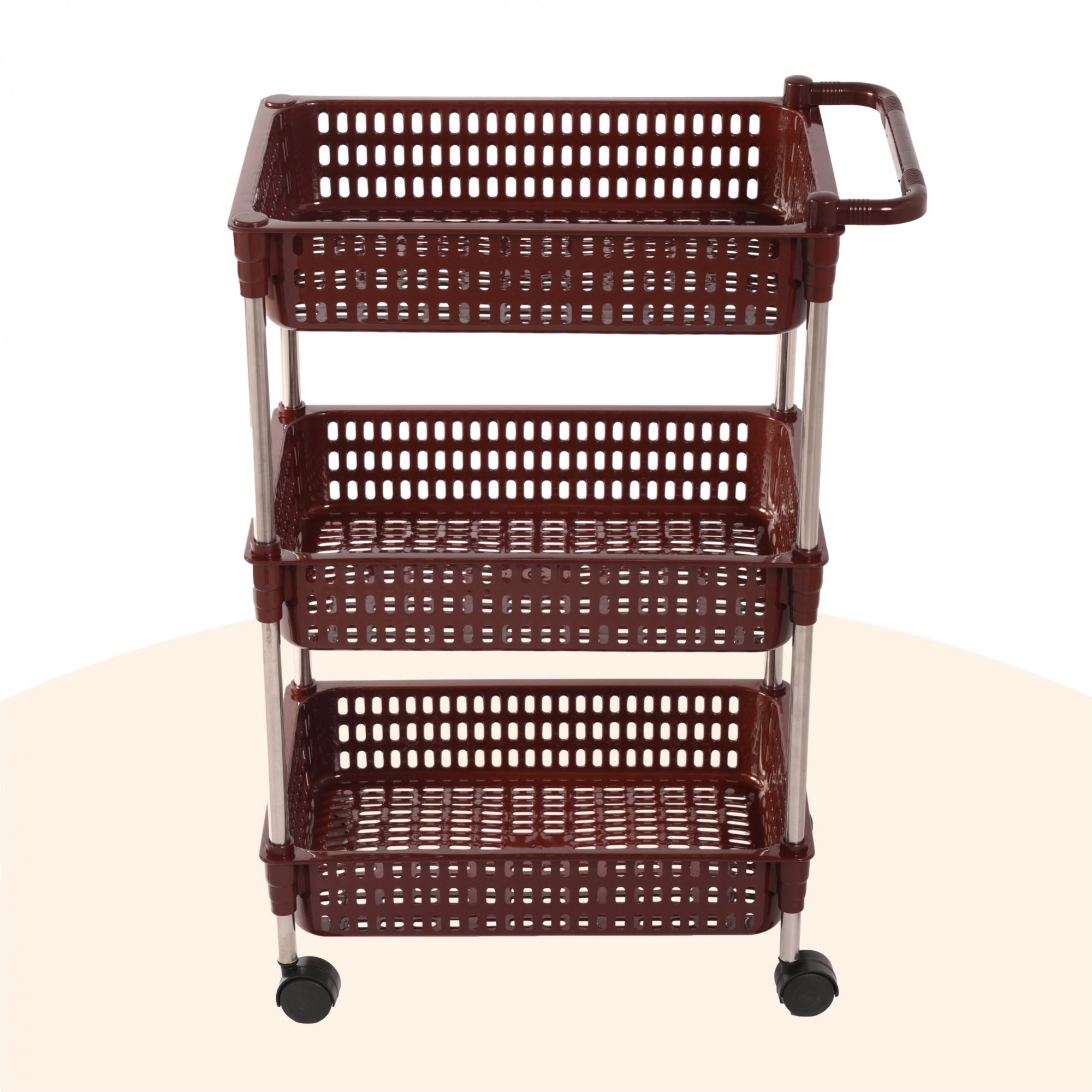 Kuber Industries Storage Rack with Wheels | 3-Shelf Storage Organizer Rack | Multipurpose Storage Trolley Rack for Kitchen-Home-office | Revolving Vegetable Storage Trolley | Brown