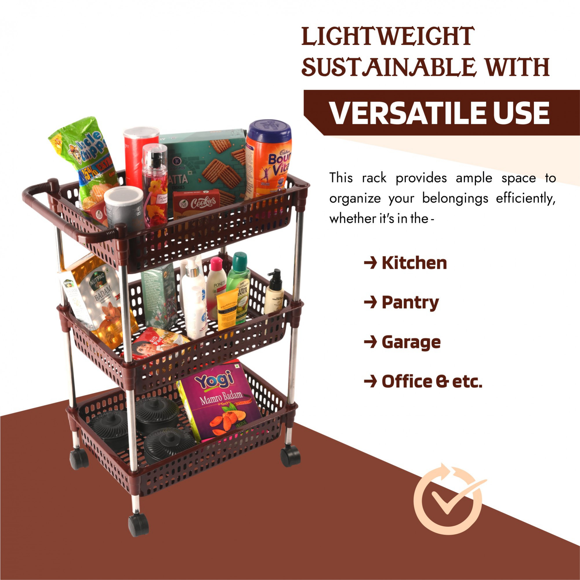 Kuber Industries Storage Rack with Wheels | 3-Shelf Storage Organizer Rack | Multipurpose Storage Trolley Rack for Kitchen-Home-office | Revolving Vegetable Storage Trolley | Brown